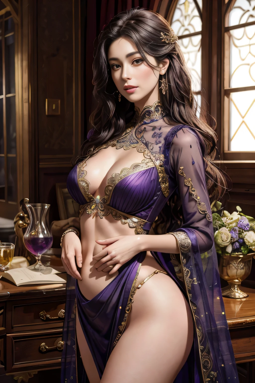 (masterpiece:1.2, highest quality), realistic, (real picture, intricate details, Depth of the bounds written，purple high neck dress), parted lips, very detailed, perfect face, perfect body, plum model,indoor background, All lace costumes, no underwear、Mature woman whose nipples and skin are visible, expensive, long legs, Separate top and bottom costumes,embellished costume, natural bokeh background,Costume with small open chest,Clothes that expose the belly button,revealing costumes,random hairstyles, (3/4body),