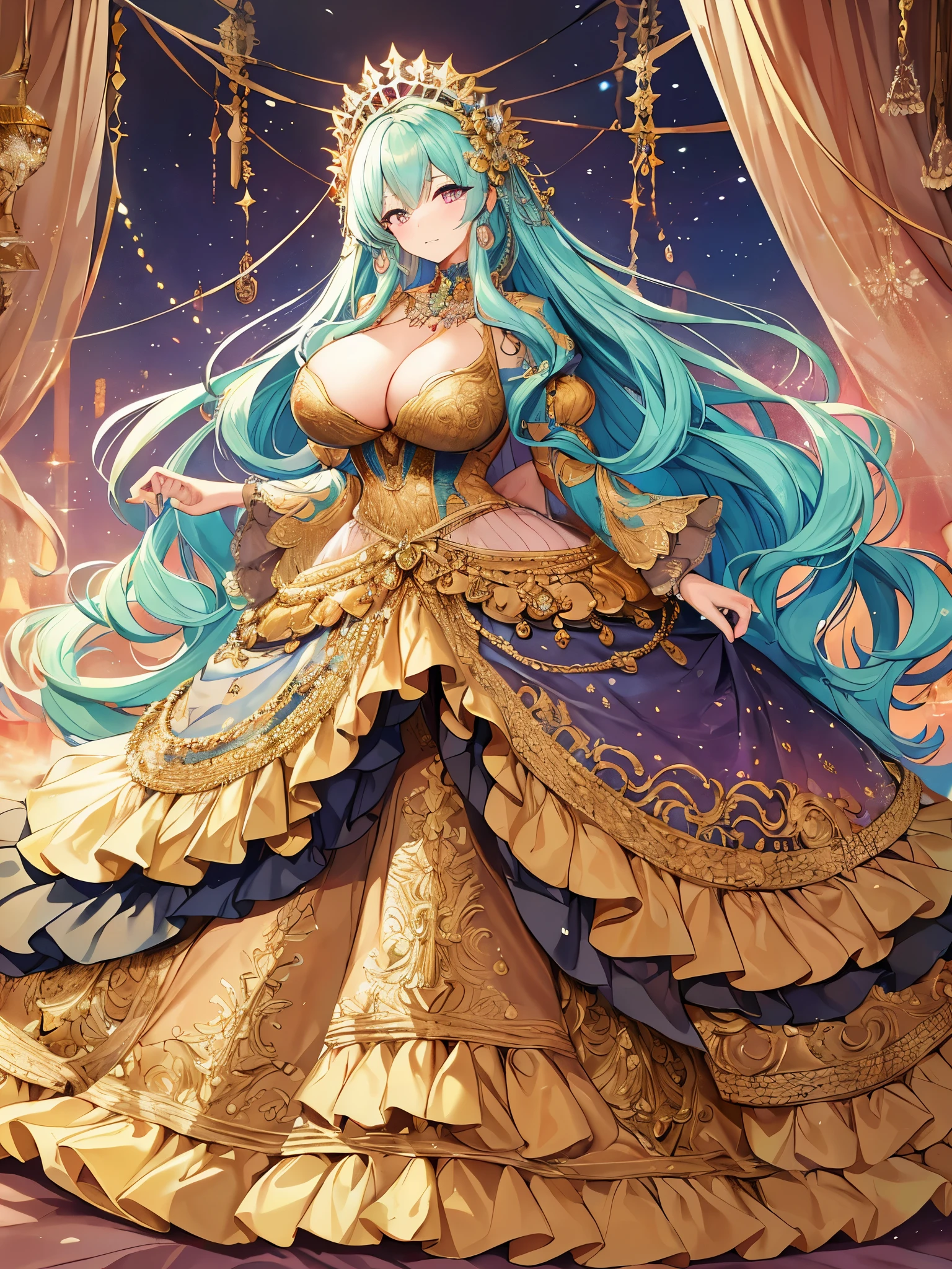 ((anime artstyle)),(Masterpiece),(Best Quality), (Super Detail),(((Very Delicate and Beautiful))),Solo,full body,((full body portrait)),((1 bling-bling princess in beautiful embroidery and jeweled gorgeous rococo ballgown)),((((absurdly gigantic tits)))),(((cleavage,curvy))),Skindentation,detailed face and eyes,jewel-like eyes,((castle)),((crinoline,long train)),gorgeous princess rococo ballgown with voluminous full length hoop skirt and long train,(((bling-bling gorgeous rococo ballgown with beautiful embroidery and jeweled))),((large amount of straight hair, absurdly long hair,Very Long Straight Hair)),extremely gorgeousfull hair ornament,(bling-bling extremely gorgeous jeweled tiara),luxurious jewelry,full body,((beautiful embroidery and jeweled gorgeous rococo ballgown))