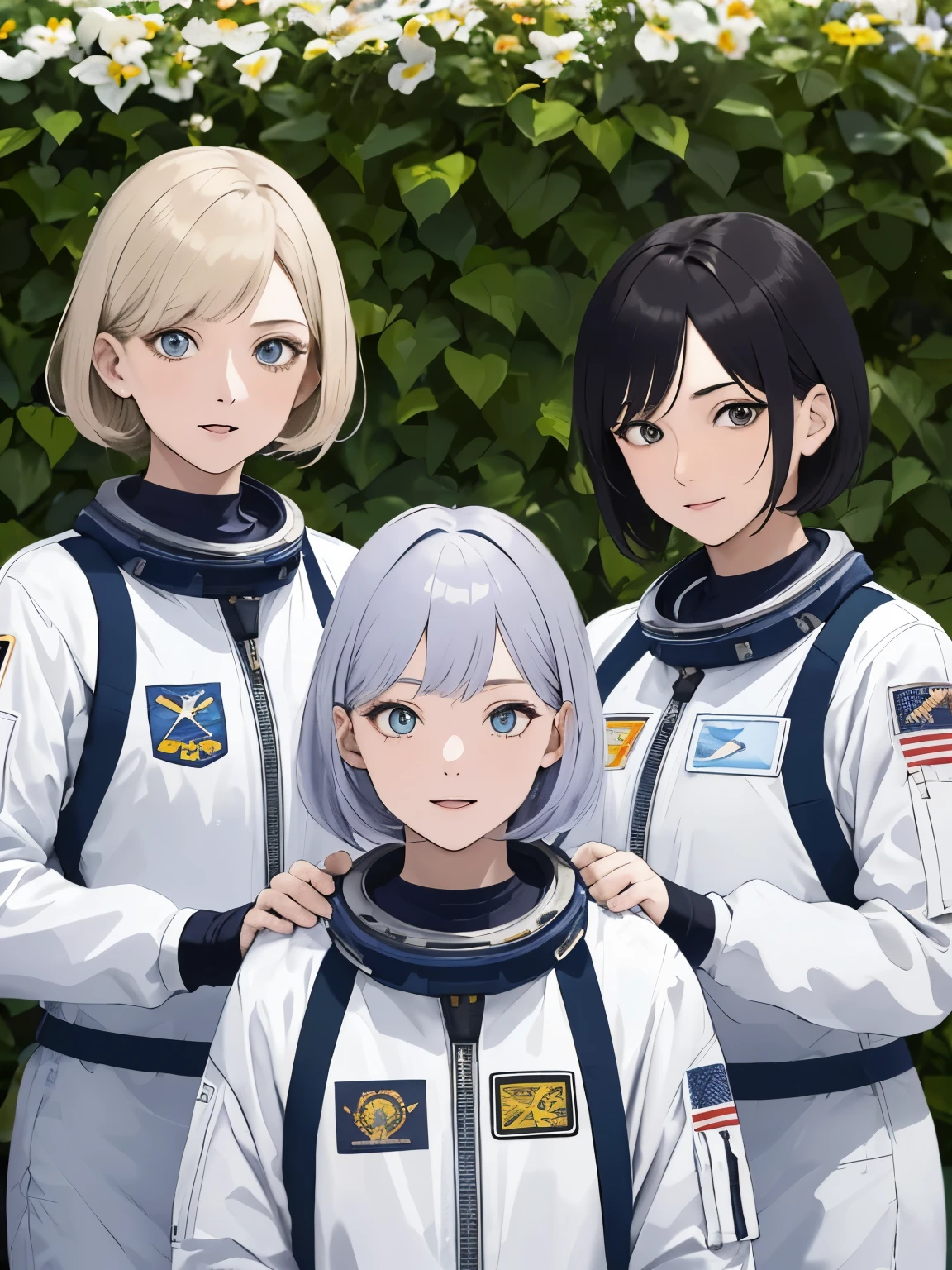 3 women, wearing astronaut uniforms,30 years old, different hairstyles, different hair colors, different hair styles, different eye colors, ultra detail, ultra HD, garden background