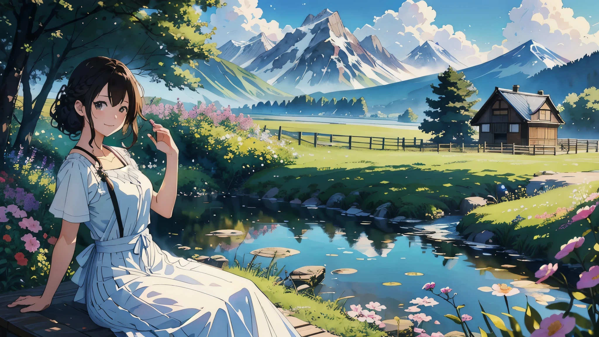 (highest quality、masterpiece、High resolution)、(Sargent-style watercolor)、(Anime Art 4k)、Soft Light、lake水地方の眺め、Old farmhouse、flowers bloom、((Three Women、Everyone is standing))、(Detailed depiction of a beautiful face)、Smiling Kindly、Medium Short Hair、Dark brown hair、Braided hair、White blouse and long skirt、one piece、apron、apronドレス、picnic、Cinematic Light、Soft sunlight、lake、Beautiful mountain range in the background、Blur the background、