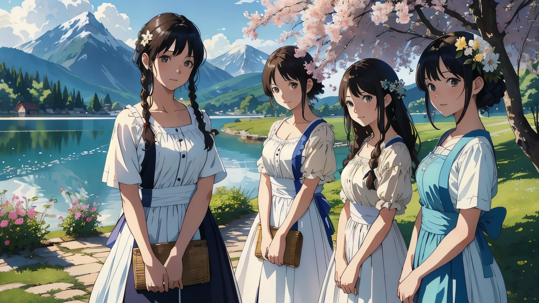 (highest quality、masterpiece、High resolution)、(Sargent-style watercolor)、(Anime Art 4k)、Soft Light、lake水地方の眺め、Old farmhouse、flowers bloom、((Four women、Everyone is standing))、(Detailed depiction of a beautiful face)、Smiling Kindly、Medium Short Hair、Dark brown hair、Braided hair、White blouse and long skirt、one piece、apron、apronドレス、picnic、Cinematic Light、Soft sunlight、lake、Beautiful mountain in the background、Blur the background、