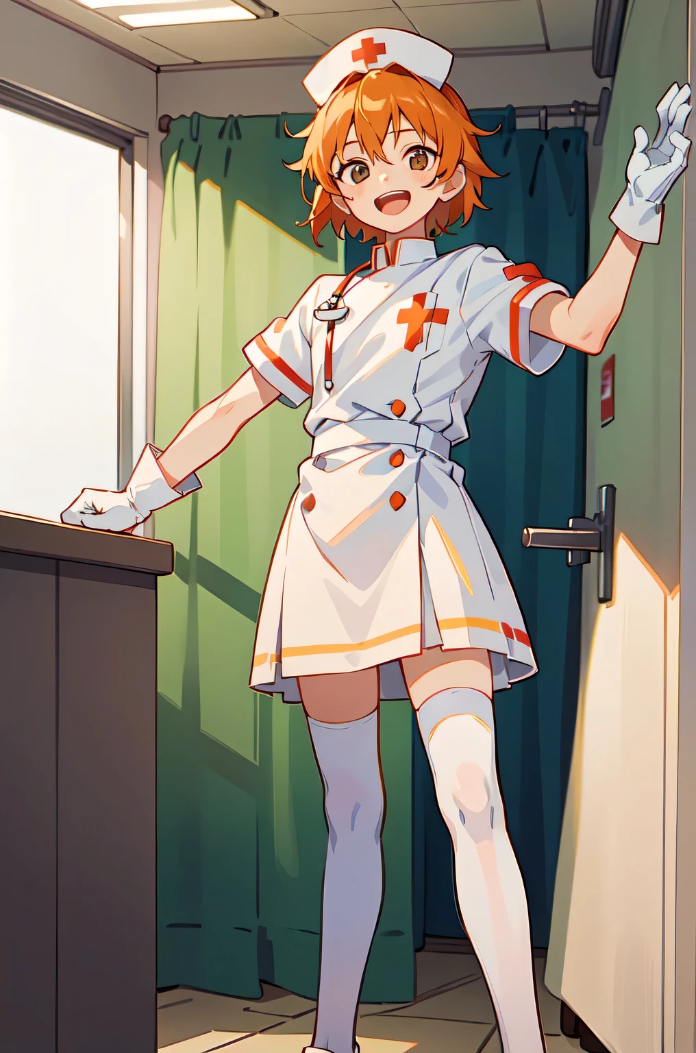 1boy, solo, male focus, nurse, white nurse cap, white nurse uniform, ((white legwear, zettai ryouiki)), white gloves, short hair, orange hair, smile, open mouth, standing, ((hospital room)), sharp outline, short sleeves, shota, 12 years old, best quality, masterpiece