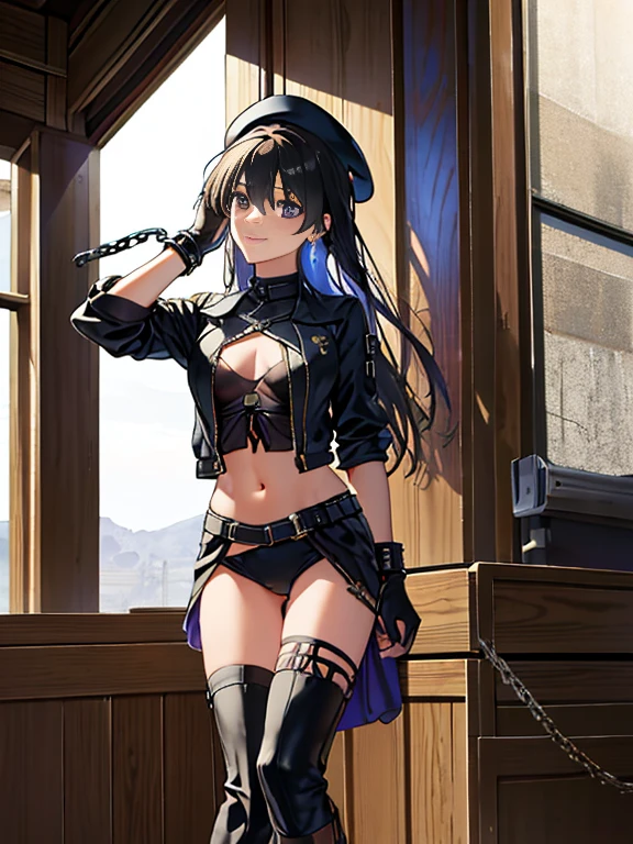 (Thynasha:1.2),dark blue hair,very long hair, purple eyes,(beautiful detailed eyes:1.0), extremely detailed face, perfect lighting, hair between eyes,bangs, (black beret, black jacket, open clothes, cleavage, midriff, black medium skirts, black thighhighs, thigh strap, fingerless gloves, single glove:1.2), Photo,sharpness, F1.6 lens,hyper-realistic textures,spectacular light textures, Cinestil 800 Fashion Mechanics,(((Beautiful woman with left leg restrained by chains))),Appearance,Beautiful girl with accentuated slender abs: 1.1,six-pack abs: 1.1, Bust Botox,Standing on tiptoe, long legs,Long brown hair fluttering in the wind,Brown hair, Long hair, Female Warrior Costume,(No panties,No bra),(tacticul battle fashion,elbow and knee tacticul battle fashion, battle glove: 1.1),((cute batre costume)),The belly comes out and the navel is visible,Thin sheer costume, combat gloves,shredded costumes,cyber long combat boots with golden knee pads,Anatomical,(futuristic sci-fi battle fashion, new elbow and knee cyberpads, new cyberlong boots, new cybergloves: 1.1),(tied perfectly by iron chain:1.3), Restraint, Slave, collars, contempt, (Chained), 4 chains hung from heaven, Metallic shackles and fetters, wet crotch clearly visible,((Hands are restrained above the head)), the neck is chained,Chain from left knee to heaven,Chained by rusty iron chains,((the tip is protruding, areolas protruding,The shape of the pubic harearea is clearly visible:0.9)),Sweating,Wet,Wet crotch,Wet thighs,Junkyard, Realistic, (cute, perfect clothes, skimpy clothes, cute: 1.3) ,Vast miritary base in us,((wide mirtary hospital with summer sunlight)), peeling ceilings, Rebar between, Realistic material details, Extreme details, Ultra-realistic materials,narrow waist,(with sparkling eyes and a contagious smile:0.9),looking at viewer,