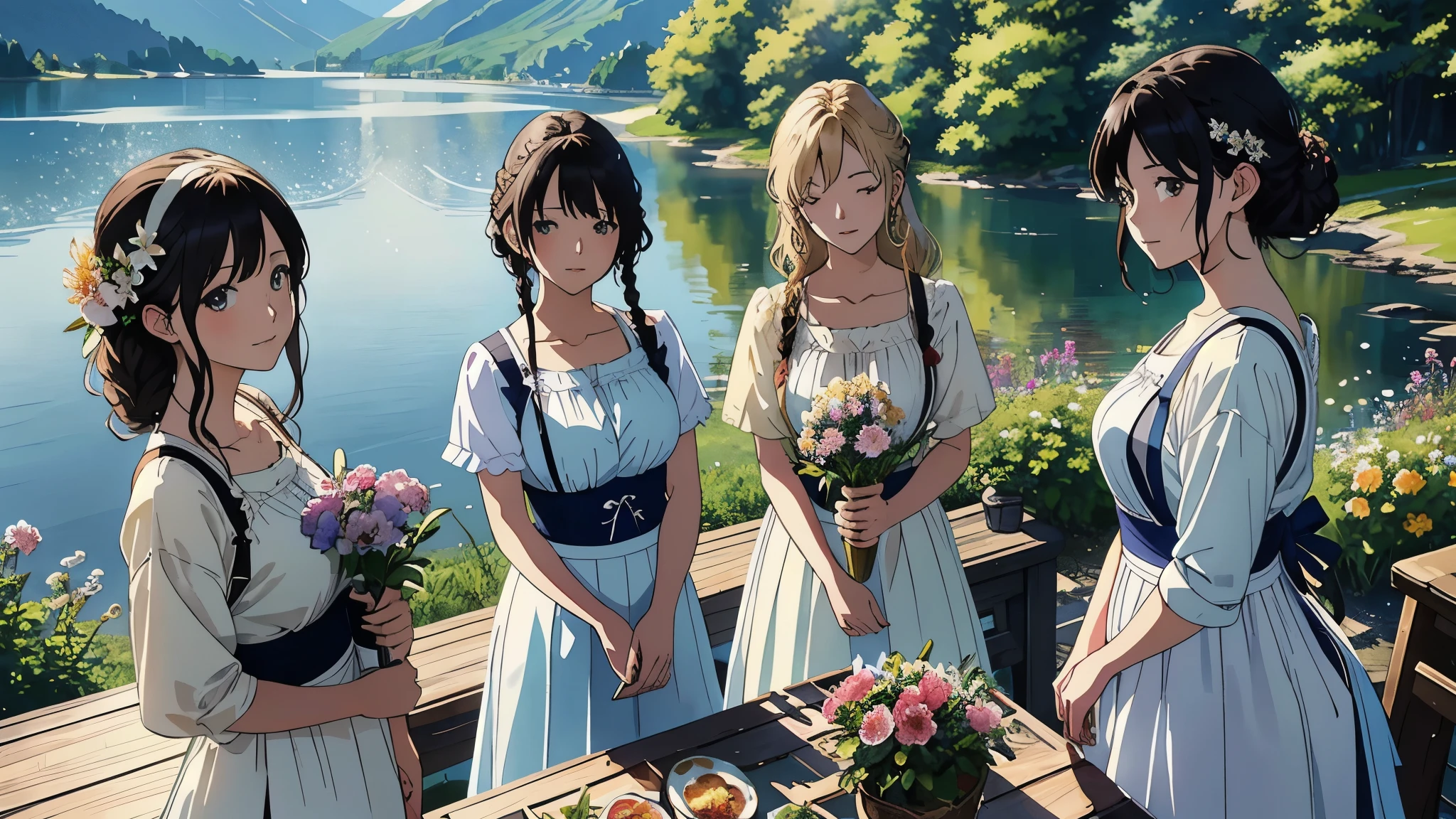 (highest quality、masterpiece、High resolution)、(Sargent-style watercolor)、(Anime Art 4k)、Soft Light、lake水地方の眺め、Old farmhouse、flowers bloom、((Three Women、Everyone is standing))、(Detailed depiction of a beautiful face)、Smiling Kindly、Medium Short Hair、Dark brown hair、Braided hair、White blouse and long skirt、one piece、apron、apronドレス、picnic、Cinematic Light、Soft sunlight、lake、Beautiful mountain in the background、Blur the background、