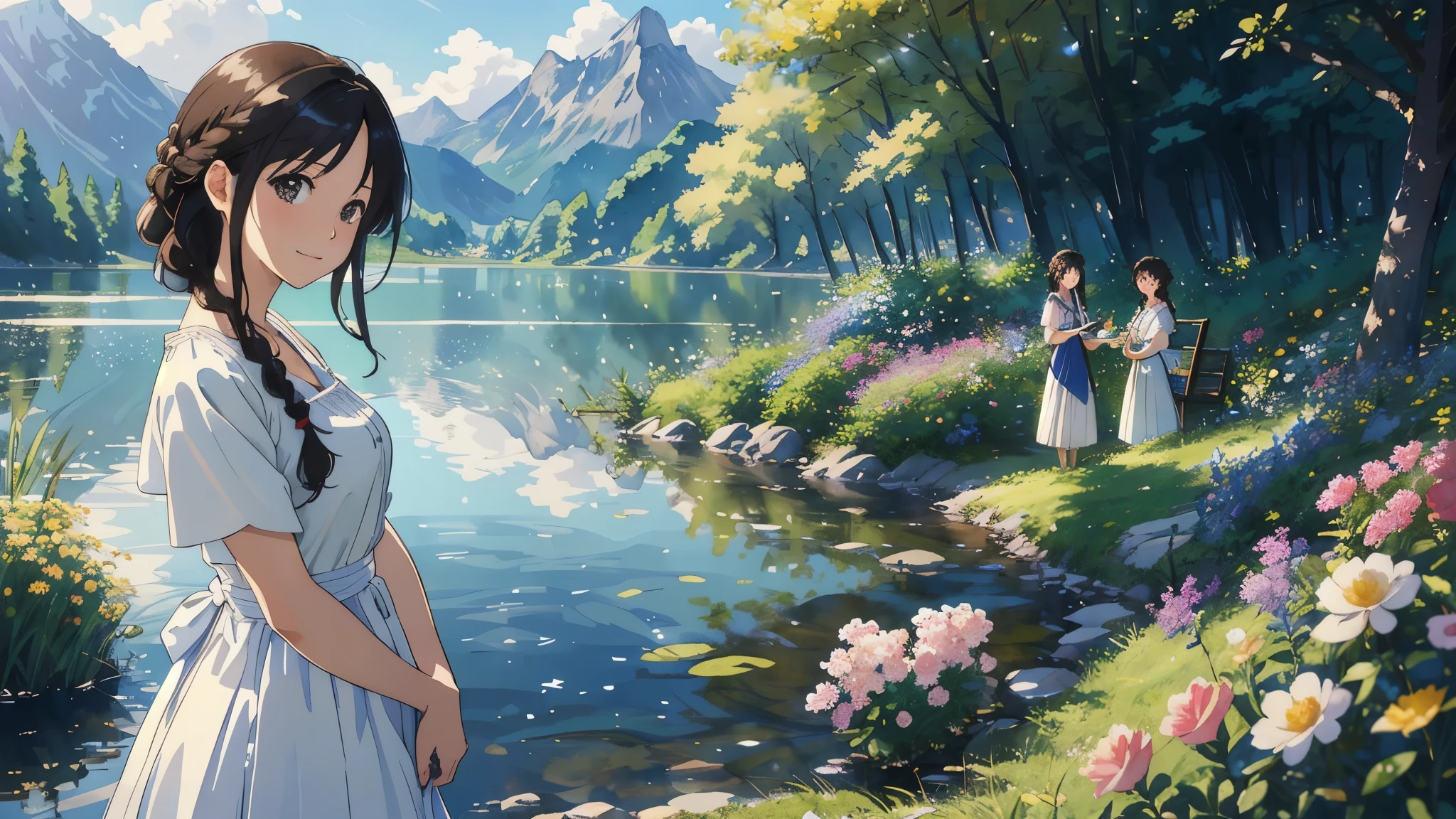 (highest quality、masterpiece、High resolution)、(Sargent-style watercolor)、(Anime Art 4k)、Soft Light、lake水地方の眺め、Old farmhouse、flowers bloom、((Two women、Everyone is standing))、(Detailed depiction of a beautiful face)、Smiling Kindly、Medium Short Hair、Dark brown hair、Braided hair、White blouse and long skirt、one piece、apron、apronドレス、picnic、Cinematic Light、Soft sunlight、lake、Beautiful mountain in the background、Blur the background、 
