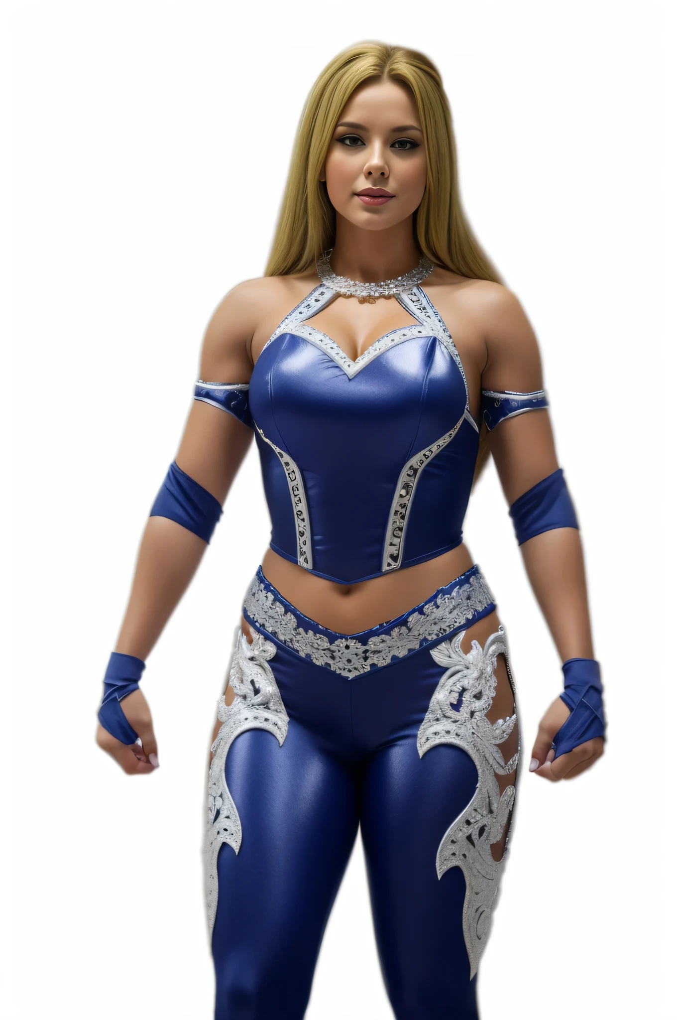 Close-up of a sweedish woman in a blue outfit, (best quality, highres:1.2), ultra-detailed, realistic:1.37, vibrant colors, natural lighting, portrait, detailed eyes, detailed lips, blue lips, flowing dress, wwe ,confident expression, fashionable, long blond hair, delicate features, soft skin, elegant pose, 