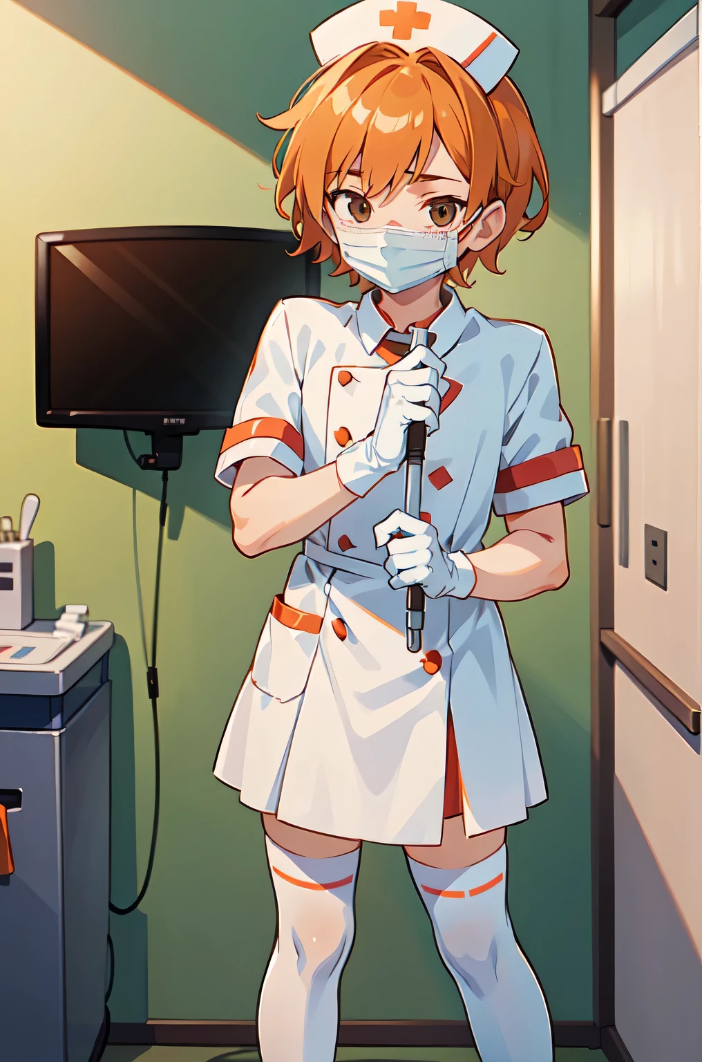 1boy, solo, male focus, nurse, white nurse cap, white nurse uniform, ((white legwear, zettai ryouiki)), white gloves, short hair, orange hair, ((white surgical mask, covered nose)), standing, ((hospital room)), sharp outline, short sleeves, shota, 12 years old, best quality, masterpiece