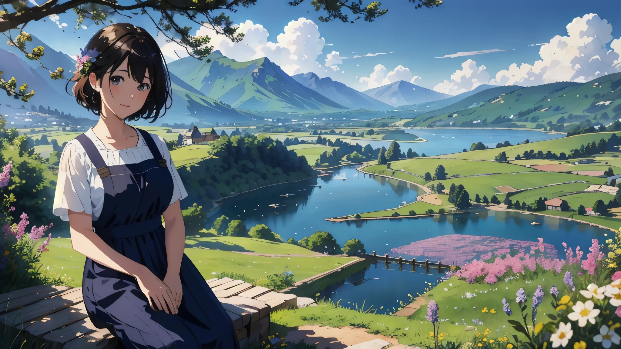 (highest quality、masterpiece、High resolution)、(Sargent-style watercolor)、(Anime Art 4k)、Soft Light、Cotswolds view、Old farmhouse、flowers bloom、((Four women、Everyone is standing))、(Detailed depiction of a beautiful face)、Smiling Kindly、Medium Short Hair、Dark brown hair、Braided hair、White blouse and long skirt、one piece、apron、apronドレス、picnic、Cinematic Light、Soft sunlight、lake、Beautiful mountain range in the background、Blur the background、 