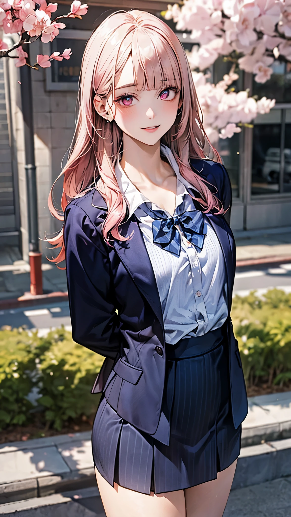 (masterpiece:1.2, top-quality), (realistic, photorealistic:1.4), beautiful illustration, (natural side lighting, movie lighting), nsfw, 
looking at viewer, cowboy shot, front view:0.6, 1 girl, japanese, high school girl, perfect face, cute and symmetrical face, shiny skin, 
(long hair:1.8, side ponytail:1.7, sidelocks, light pink hair), parted bangs, emerald green eyes, long eye lasher, (large breasts:0.8, thick thighs), 
beautiful hair, beautiful face, beautiful detailed eyes, beautiful clavicle, beautiful body, beautiful chest, beautiful thigh, beautiful legs, beautiful fingers, 
((((long sleeve)), roll up sleeves, white collared shirts, navy pleated mini skirt, black socks, brown loafers, red bow tie, pastel pink sleeveless knitted vest)), pink panties, 
(beautiful scenery), evening, riverside, standing, (lovely smile, upper eyes), 