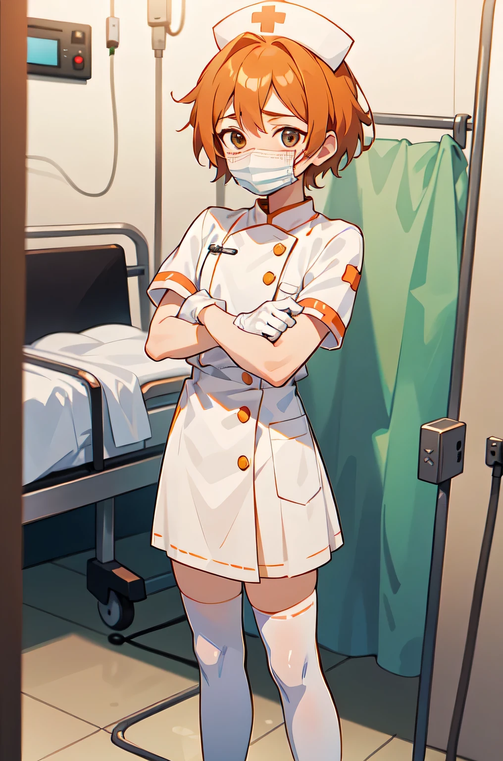 1boy, solo, male focus, nurse, white nurse cap, white nurse uniform, ((white legwear, zettai ryouiki)), white gloves, short hair, orange hair, ((white surgical mask, covered nose)), standing, ((hospital room)), sharp outline, short sleeves, shota, 12 years old, best quality, masterpiece