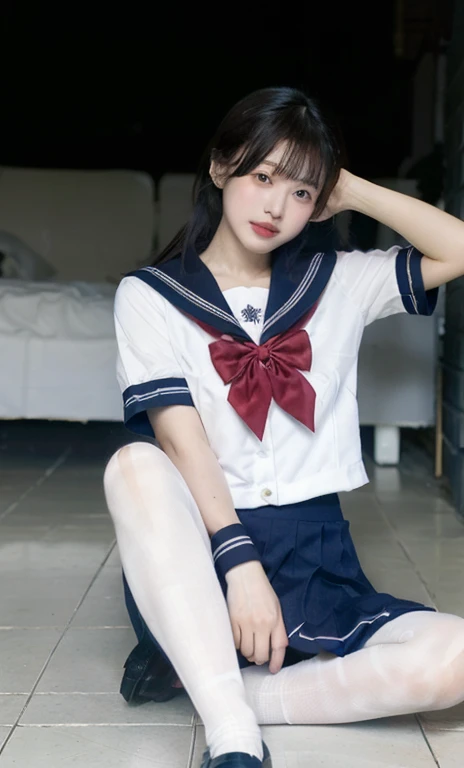 Ulzzang-6500-v1.1, (RAW Photos:1.2), (Realistic:1.4), Beautiful detailed girl, Very detailed eyes and face, Beautiful fine details, Ridiculous, incredibly Ridiculous, Large file size, Very detailed, High resolution, Very detailed, highest quality, masterpiece, Kemomimi, ((Japanese girls' high school)), figure, Very detailed, CG, Unified, 8k wallpaper, wonderful, The finer details, masterpiece, highest quality, Very detailed CG uniform 8k wallpaper, Light on the face, Cinema Lighting, One girl, 16 years old, ((No pants)), ((Dynamic pose))), (Camel Toe), (half), (pantyhose), (Sit with your knees bent and your legs bent)),(short-sleeved JK_Sailor:1.4),(JK_style:1.4),(JK_suit:1.4)、((Leg spread:1.5))
