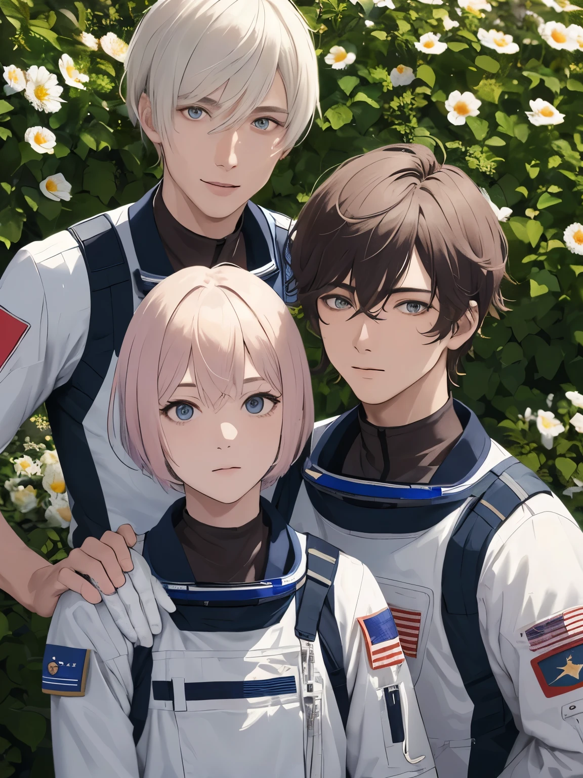 3 men, wearing astronaut uniforms, 30 years old, different hairstyles, different hair colors, different hair styles, different eye colors, ultra detail, ultra HD, garden background