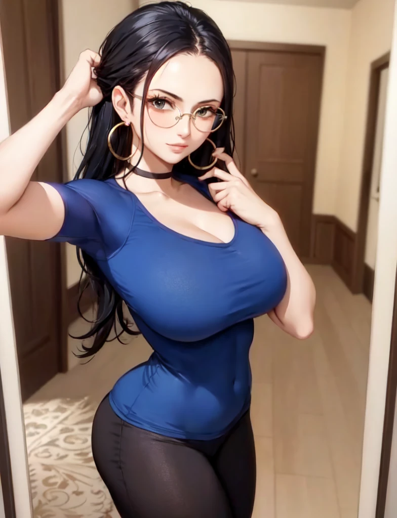 masterpiece, highest quality, Beautiful woman, whole body, Detailed hairstyle, I was sweating, Hoop Earrings, golf bangle, choker, Mature Woman, indoor, Nico Robin, sunglasses, Wear glasses on your head, Long Hair, big breasts long_Tracksuits, Yoga pants、Selfie