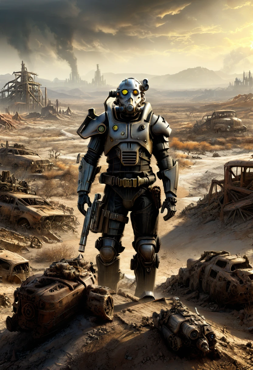 "Fallout", Post apocalyptic scenario, Desolate atmosphere, Dystopian landscape, wasteland, (masterpiece, best quality, Professional, perfect composition, very aesthetic, absurdres, ultra-detailed, intricate details:1.3)