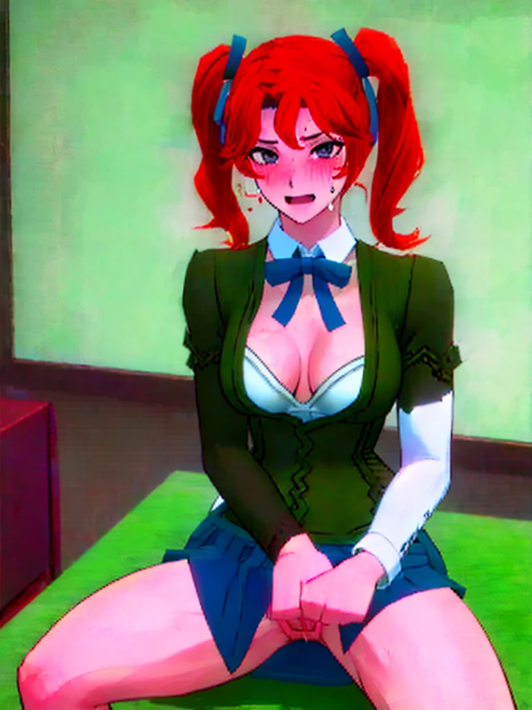 Twintail, red haired, 1girl, (grey eyes1.2), well toned, well built, muscled, toned muscles, (masterpiece), best quality, highres, solo, ribbon, blue ribbon, hair ribbon, suit, skirt, long sleeves, smiling, indoors, classroom background, standing, looking at the viewer, , (showing sweating naked pussy:1.5)、 sitting, spread legs unbuttoned uniform, lingerie, visible bra, lifted skirt, sweating, blushing, aroused, luquid dripping from her vagina, exhaling steamy air, (touching her pussy:1.2), fingering shlick masturbation