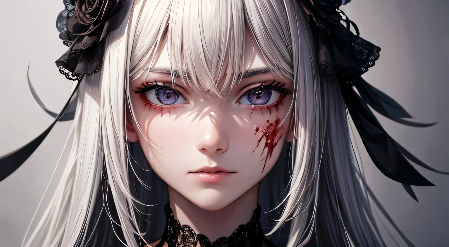 Bloody woman Bloody clothes Hollow Eyes bloody knife in hand ruins Detailed facial expression depiction Detailed depiction of clothing Detailed knife depiction