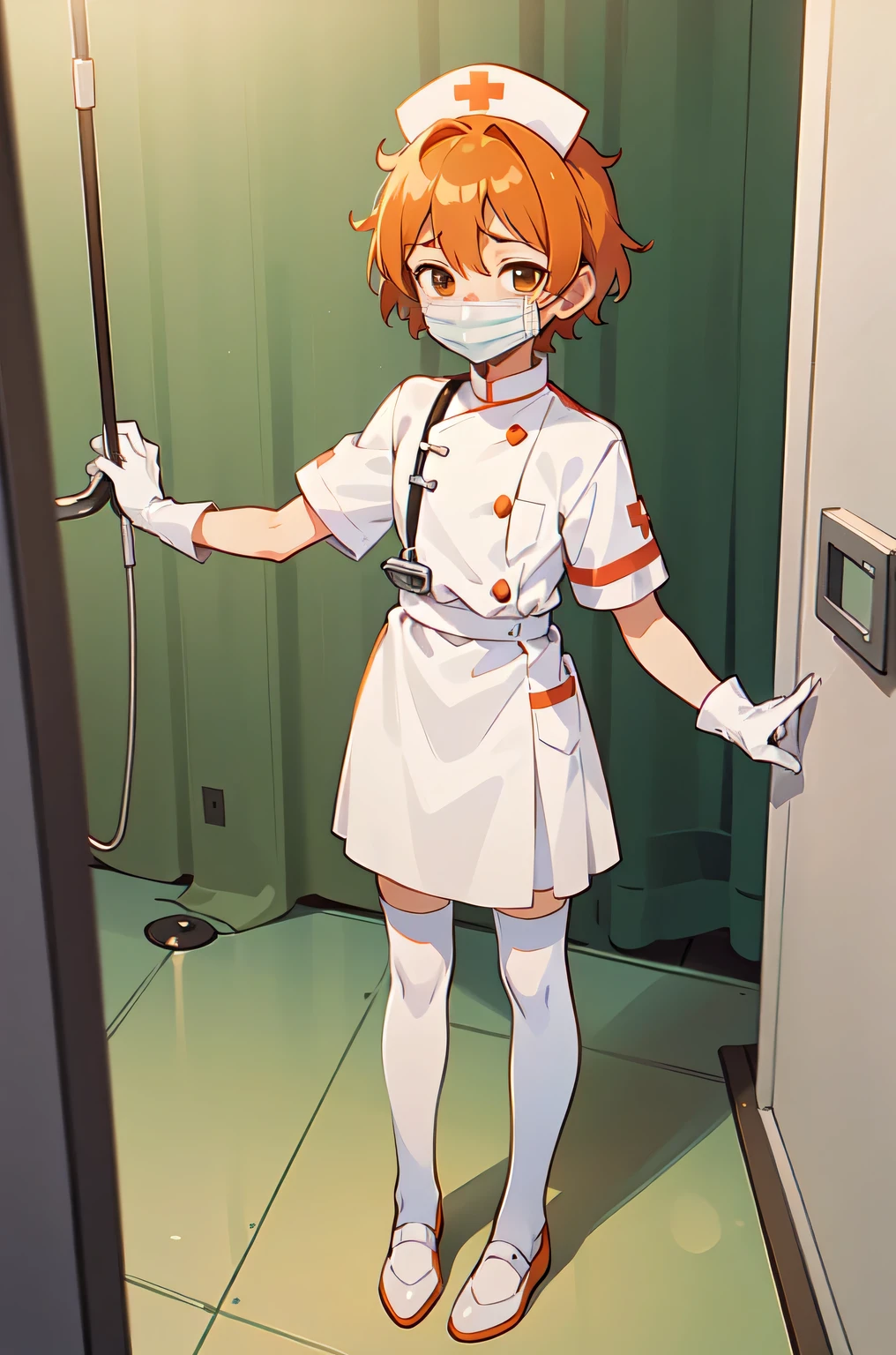 1boy, solo, male focus, nurse, white nurse cap, white nurse uniform, ((white legwear, zettai ryouiki)), white gloves, short hair, orange hair, ((white surgical mask, covered nose)), standing, ((hospital room)), sharp outline, short sleeves, shota, , best quality, masterpiece
