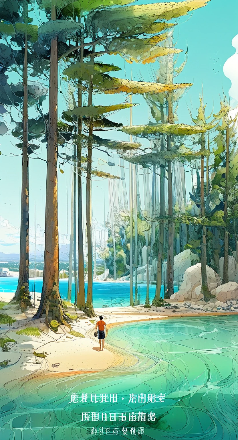 The sea is surrounded by green trees, Coastline with buildings and beautiful beaches, All in the style of Dmitry Vishnevsky. Artwork should stand out with emerald green hues, orange, and sea blue, Evoke tenderness, easy, Dreamy feels like a magazine editorial.