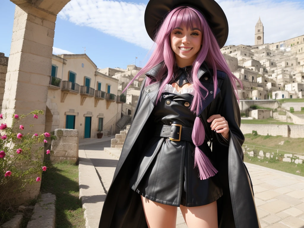 The best smile when you see me、cute emo sofiax girl, long dark (fuchsia hair), punk-rock Lolita, natural breasts, waist up portrait, full body portrait, fashion photography, long wavy pink and purple hair, ((long black leather coat)), perfect face, ((full body portrait)) no background, Ultra-high definition beautiful teeth, realistic hands, sassi_di_matera in background, wide angle