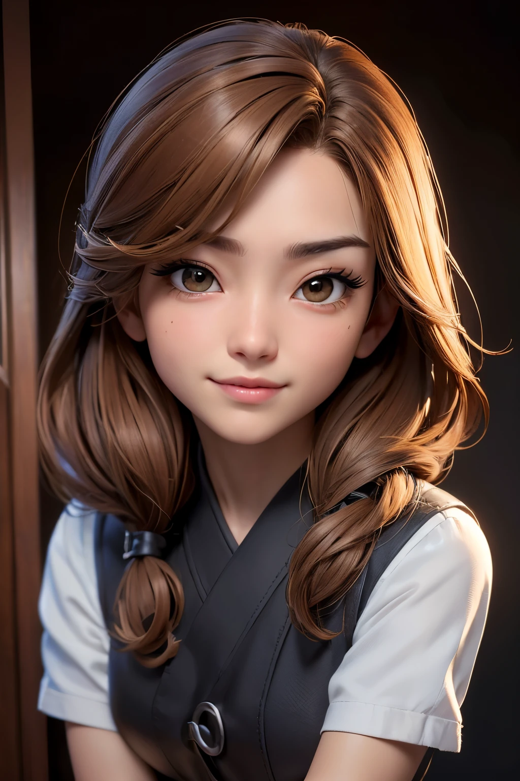 (masterpiece:1.3), (8K, Fotorrealista, raw photography, Calidad de imagen superior: 1.4), Chicas de secundaria japonesas、(Peinados al azar:1.2)、escote del pecho:1.2、super detailed face、Ojo del detalle、double eyelid、Junta tu pecho、sharp focus:1.2、mujer bonita:1.4、Light brown hair、de primera calidad、masterpiece、super high resolution、(Fotorrealista:1.4)、Professional and highly detailed lighting smile.、Prendas de punto holgadas y ligeras、hombro hacia afuera、esbelto、serious facial expression、de pelo corto、fatal position
