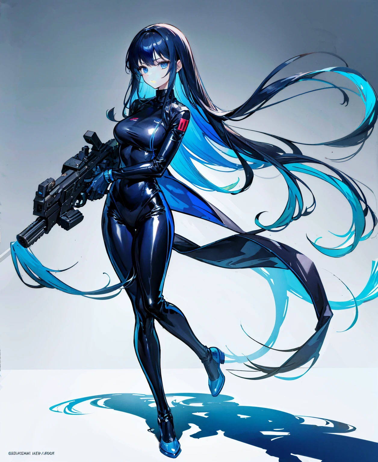 There is no background，girl，Carry a firearm，Patent leather tight suit，Use of firearms，Navy blue long hair，attention arousal，Blue colored eyes,No gradients