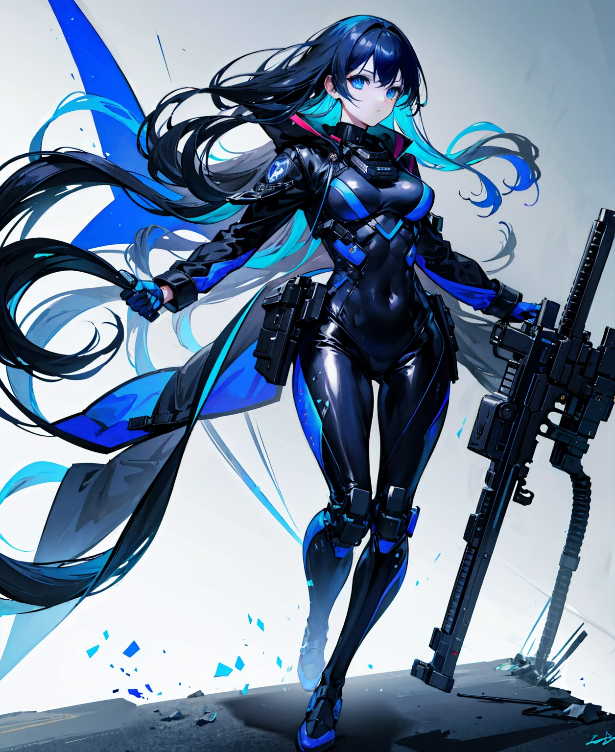 There is no background,girl,Carry a firearm,Patent leather tight suit,Use of firearms,Navy blue long hair,attention arousal,Blue colored eyes,No gradients