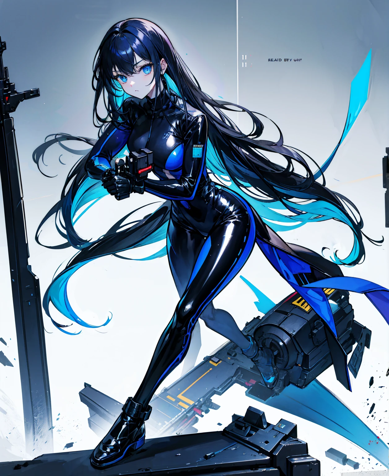 There is no background,girl,Carry a firearm,Patent leather tight suit,Use of firearms,Navy blue long hair,attention arousal,Blue colored eyes,No gradients
