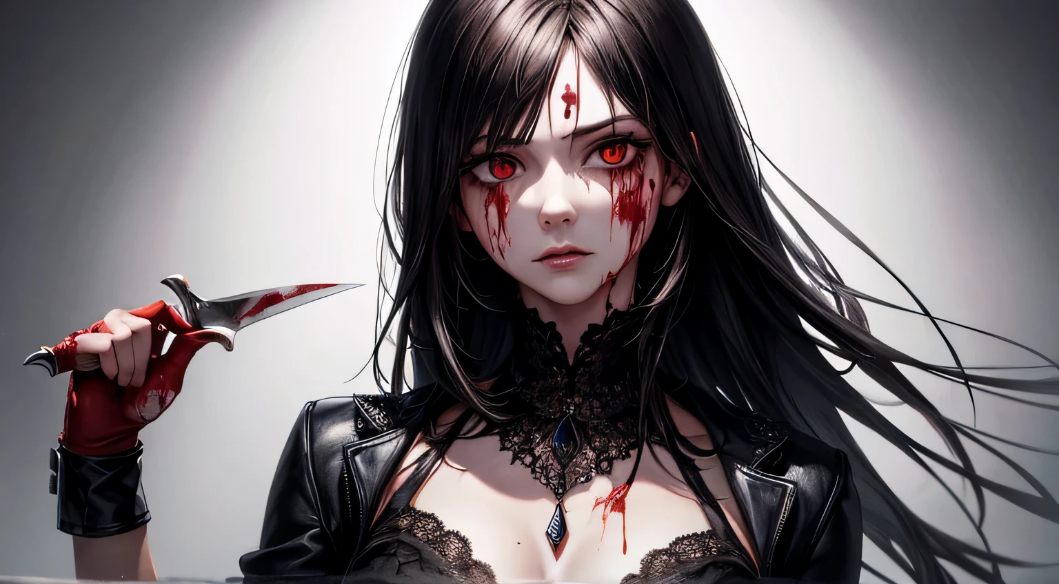 Bloody woman　Bloody clothes　Hollow Eyes　bloody knife in hand　ruins　Detailed facial expression depiction　Detailed depiction of clothing　Detailed knife depiction