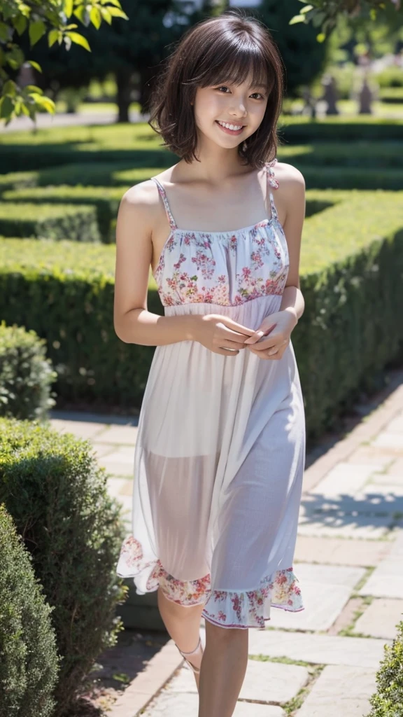 masterpiece, highest quality, disorganized, perfect anatomy, 1 girl, alone, pascal tales, short hair, beautiful, Hilarious, sunny day, botanical garden, Summer winds, sundress, Floral, wavy hair, smile