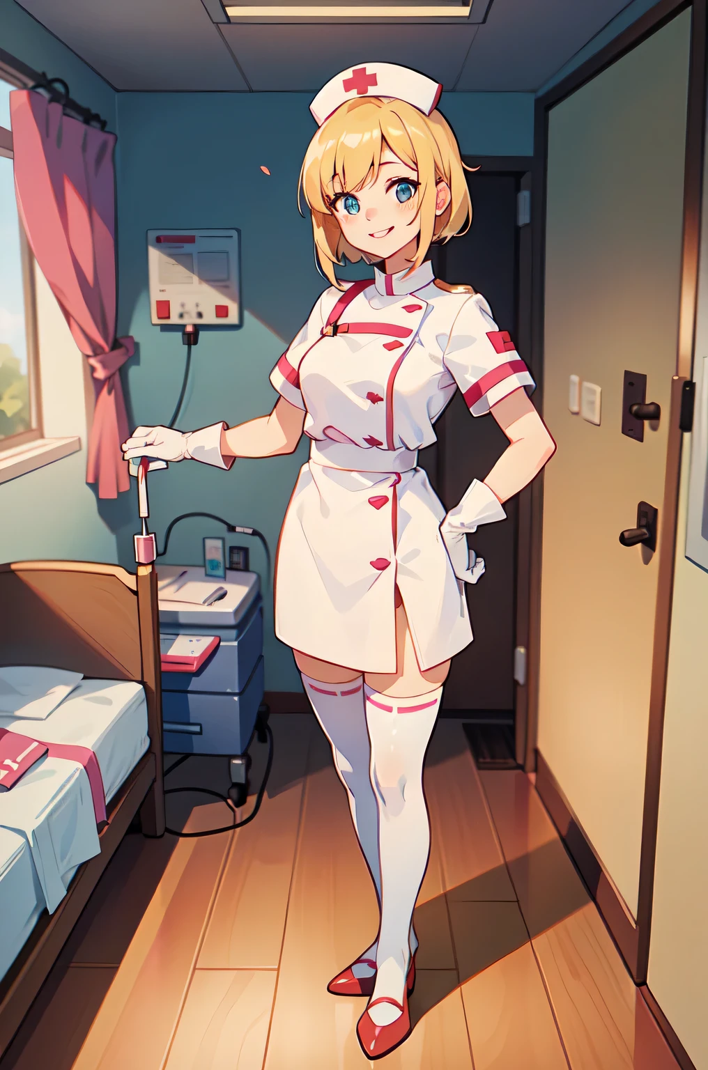 1woman, solo, nurse, white nurse cap, white nurse uniform, ((white legwear, zettai ryouiki)), white gloves, blonde hair, blue eyes, pink lips, smile, standing, ((hospital room)), sharp outline, short sleeves, mature female, 35 years old, best quality, masterpiece