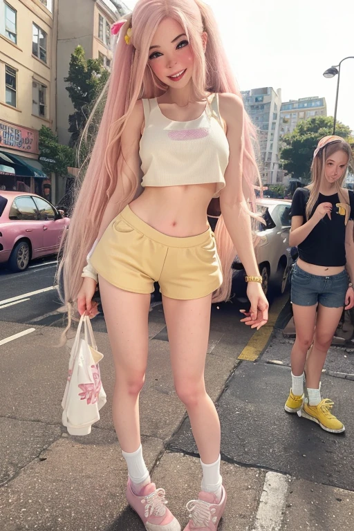 (masterpiece), best quality, expressive eyes, perfect face, (street background), (standing), (closeup view), (smile), (1girl, belle delphine, pale skin, freckles, pink hair, straight hairstyle, brown eyes, big eyes, hourglass figure, thin body, skinny body, petite_body, short height, small breasts, thick thighs, pink fingernails, pale yellow tanktop, croptop, loose fit, white minishorts, pale yellow socks, pink heels), 