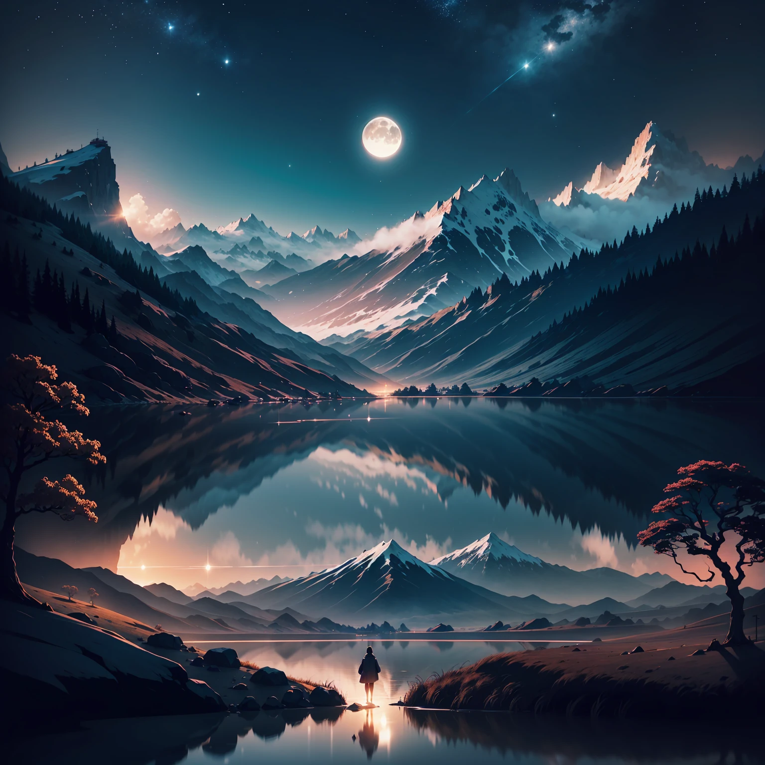 Here is a description of the scene in the style of a Japanese adventure animation: The screen opens up to a breathtaking landscape, with towering mountains in the background and a night sky dotted with twinkling stars. The environment is wrapped in a magical and serene atmosphere, while a gentle breeze swings the grass and trees. In the background we see a hill, the horizon illuminated by the full and radiant moon. The moon emits an intense silver glow, bathing the landscape in a soft, mysterious light. The reflection of the moon is reflected in the character's eyes, bringing an air of wonder and desire for discovery. The wind subtly blows the trees, giving movement and dynamism to the scene. The entire scene is animated with vibrant colors and subtle contrasts, highlighting the beauty of the scenery and the aura of mystery of the moon.
The soft soundtrack, with traditional Japanese instruments, echoes in the background,
increasing the sense of impending adventure.
This Japanese animated scene captures the excitement and grandeur of an epic journey, as the main character faces the moonlit horizon, Ready to embark on an incredible adventure full of challenges and discoveries.