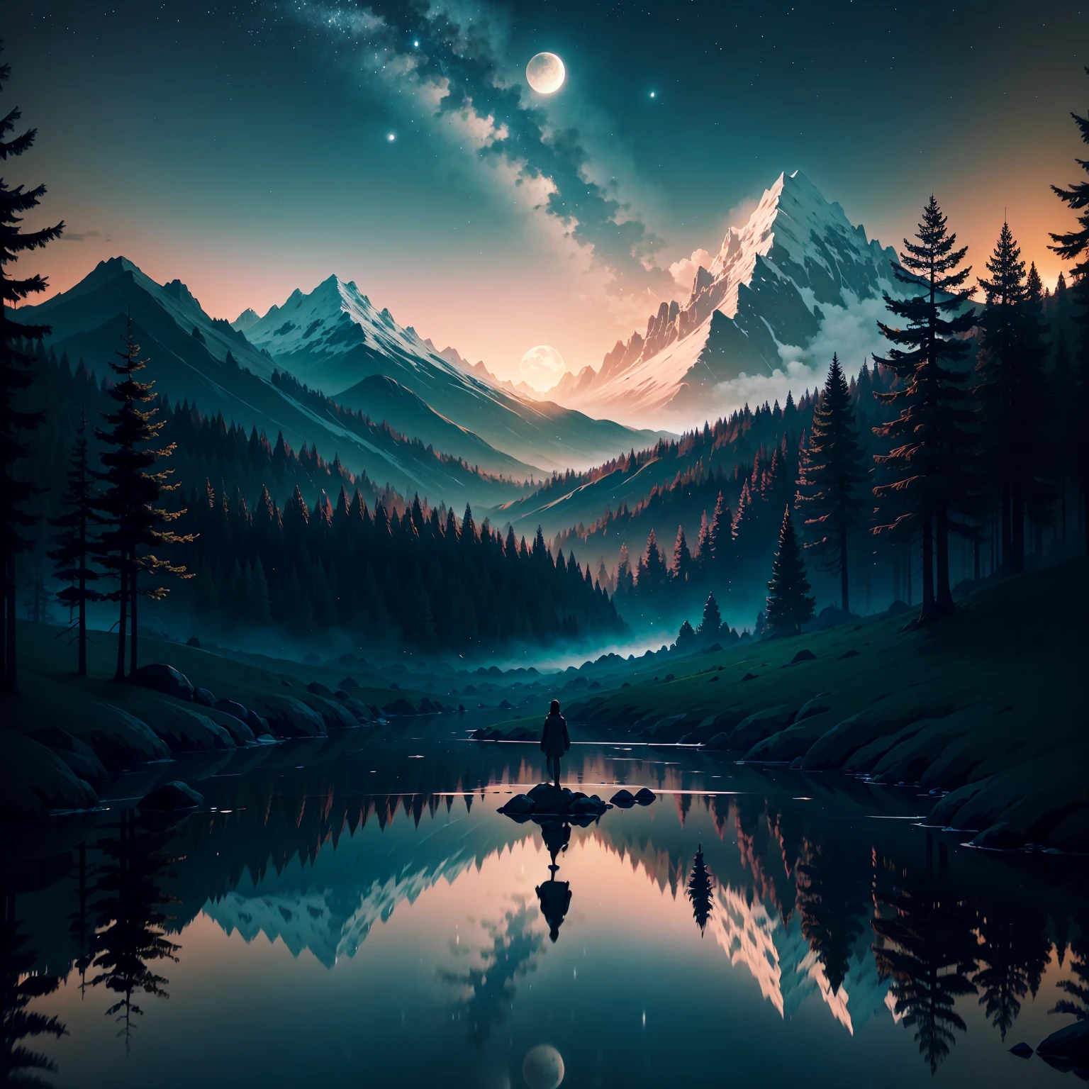 Here is a description of the scene in the style of a Japanese adventure animation: The screen opens up to a breathtaking landscape, with towering mountains in the background and a night sky dotted with twinkling stars. The environment is wrapped in a magical and serene atmosphere, while a gentle breeze swings the grass and trees. In the background we see a hill, the horizon illuminated by the full and radiant moon. The moon emits an intense silver glow, bathing the landscape in a soft, mysterious light. The reflection of the moon is reflected in the character's eyes, bringing an air of wonder and desire for discovery. The wind subtly blows the trees, giving movement and dynamism to the scene. The entire scene is animated with vibrant colors and subtle contrasts, highlighting the beauty of the scenery and the aura of mystery of the moon.
The soft soundtrack, with traditional Japanese instruments, echoes in the background,
increasing the sense of impending adventure.
This Japanese animated scene captures the excitement and grandeur of an epic journey, as the main character faces the moonlit horizon, Ready to embark on an incredible adventure full of challenges and discoveries.