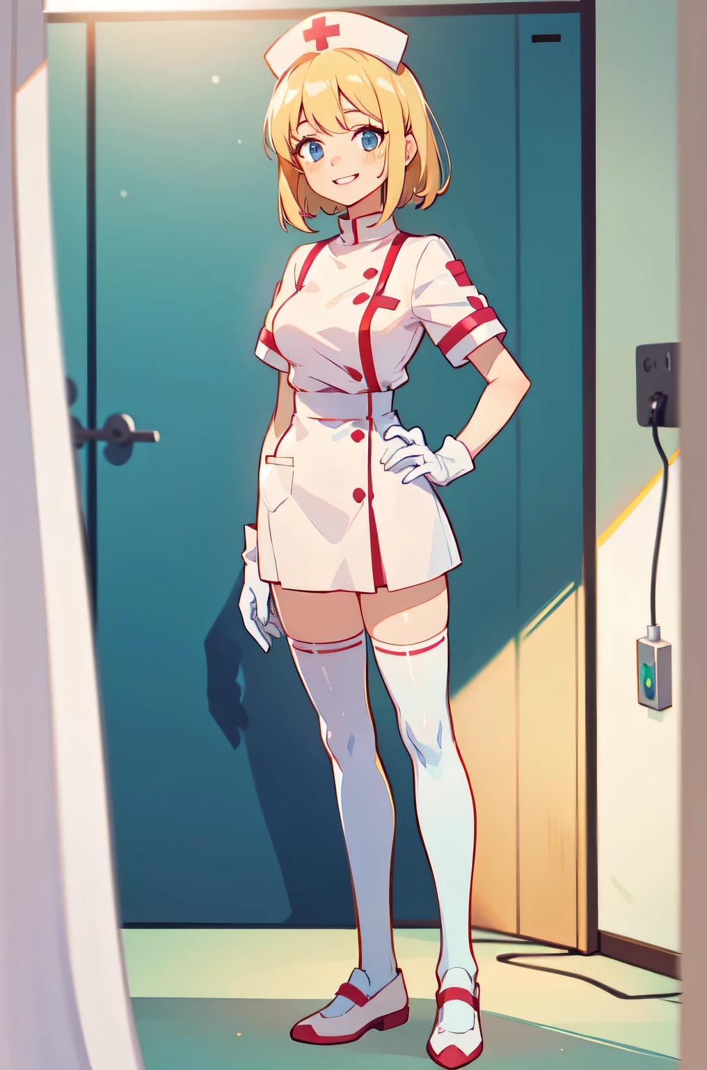 1woman, solo, nurse, white nurse cap, white nurse uniform, ((white legwear, zettai ryouiki)), white gloves, blonde hair, blue eyes, pink lips, smile, standing, ((hospital room)), sharp outline, short sleeves, mature female, 35 years old, best quality, masterpiece