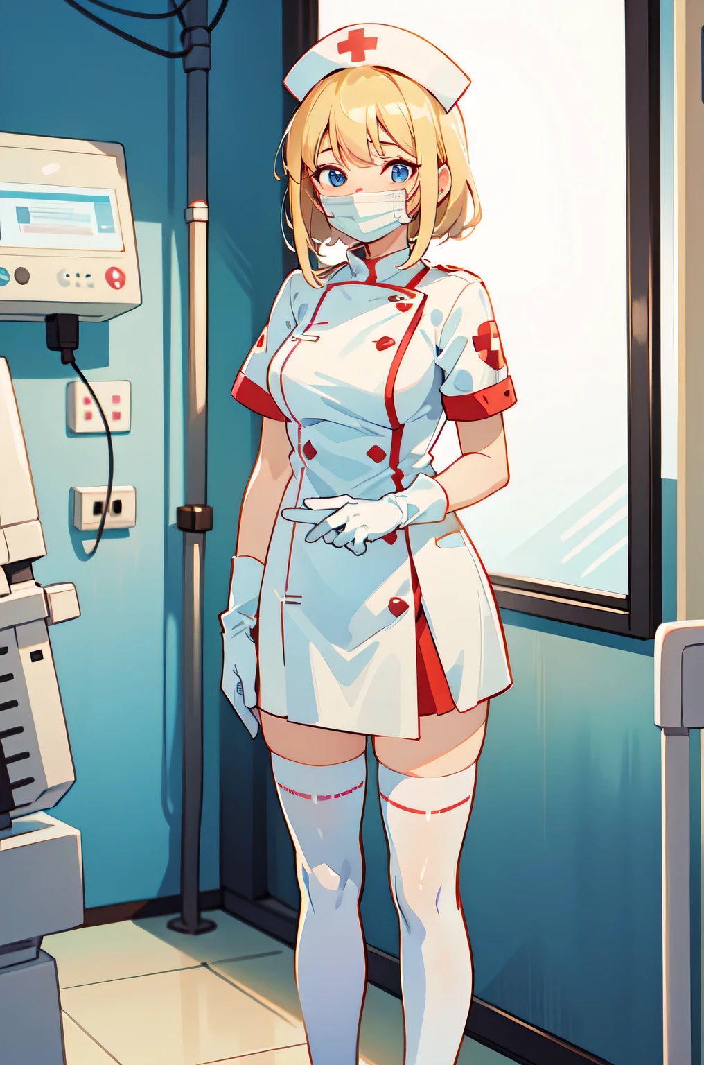1woman, solo, nurse, white nurse cap, white nurse uniform, ((white legwear, zettai ryouiki)), white gloves, blonde hair, blue eyes, ((white surgical mask, covered nose)), standing, ((hospital room)), sharp outline, short sleeves, mature female, 35 years old, best quality, masterpiece