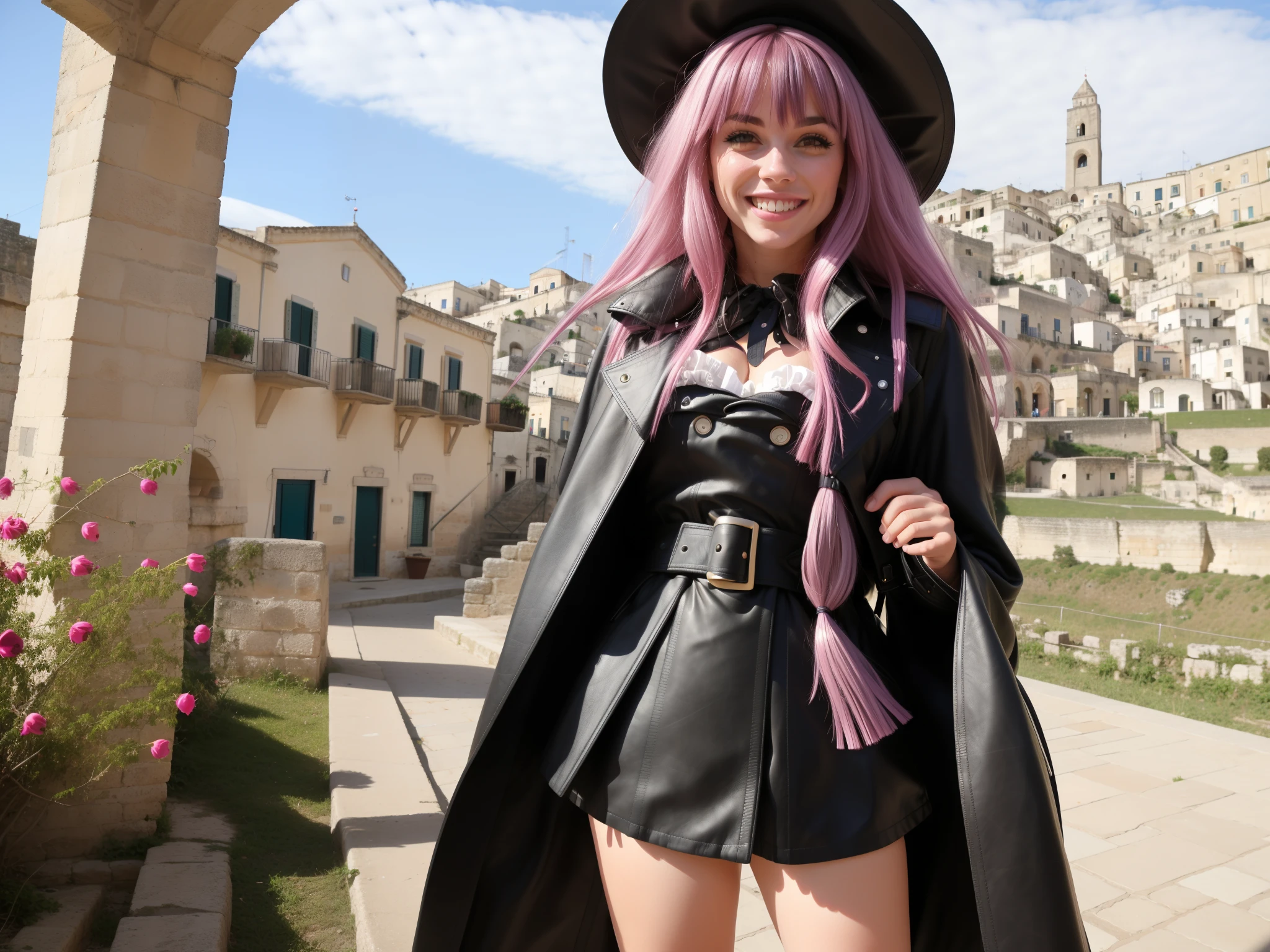 The best smile when you see me、cute emo sofiax girl, long dark (fuchsia hair), punk-rock Lolita, natural breasts, waist up portrait, full body portrait, fashion photography, long wavy pink and purple hair, ((long black leather coat)), perfect face, ((full body portrait)) no background, Ultra-high definition beautiful teeth, realistic hands, sassi_di_matera in background, wide angle landscape of Matera