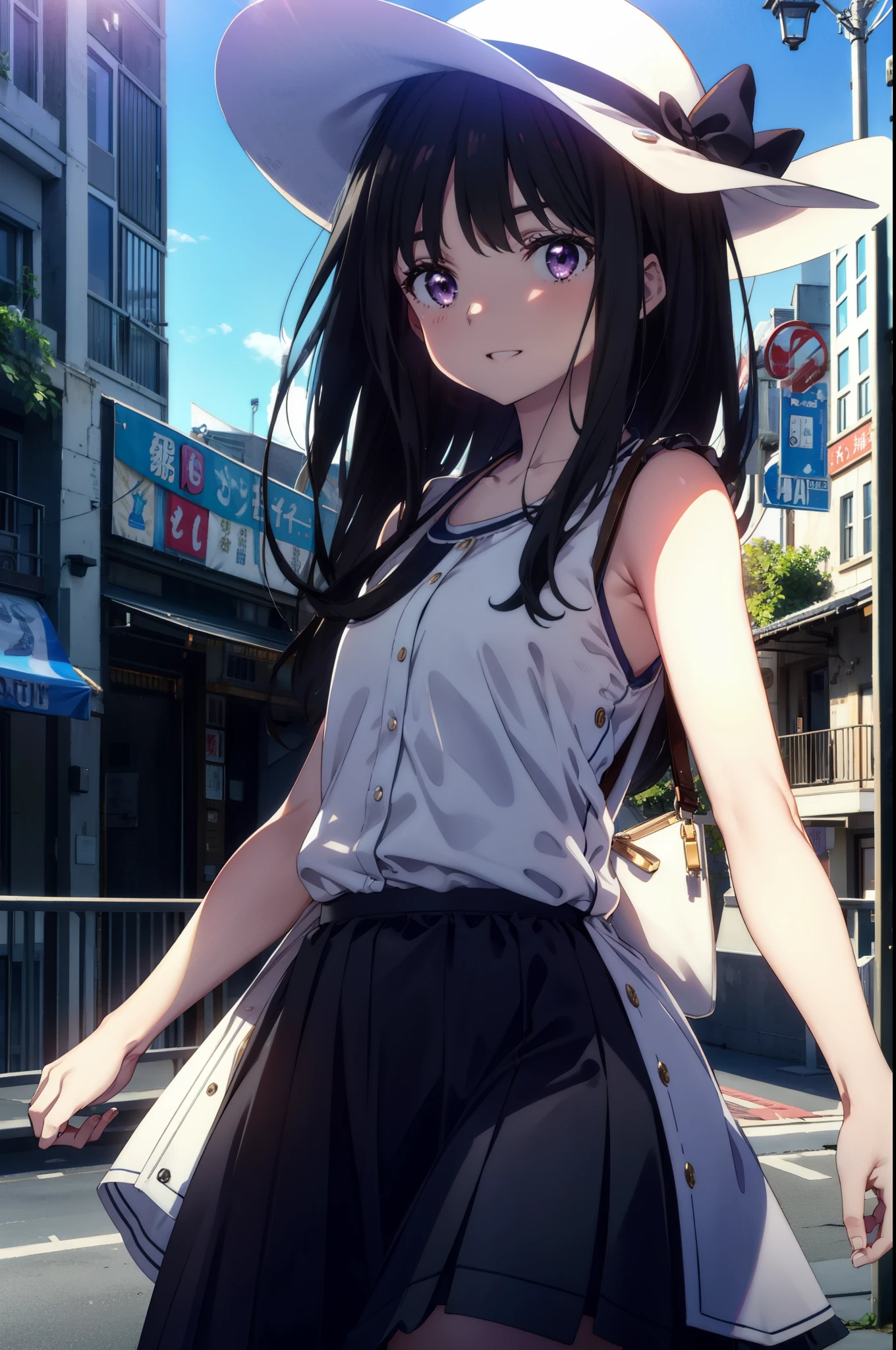 Takiuchi, Inoue Check, Long Hair, bangs, Black Hair, (Purple eyes:1.2),happy smile, smile, Open your mouth,smile,blush,Blue long skirt one-piece dress,No sleeve,Bare arms,Rocket Pendant,Cute Sandals,White hat,True Summer,Clear skies,So that the whole body goes into the illustration,
break outdoors, Coastal Road,City Street,
break looking at viewer, (Cowboy Shot:1.5),
break (masterpiece:1.2), highest quality, High resolution, unity 8k wallpaper, (figure:0.8), (Beautiful fine details:1.6), Highly detailed face, Perfect lighting, Highly detailed CG, (Perfect hands, Perfect Anatomy),