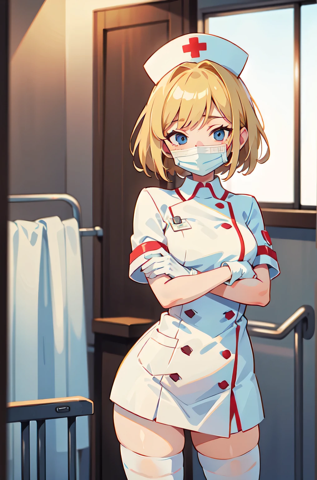 1woman, solo, nurse, white nurse cap, white nurse uniform, ((white legwear, zettai ryouiki)), white gloves, blonde hair, blue eyes, ((white surgical mask, covered nose)), standing, ((hospital room)), sharp outline, short sleeves, mature female, 35 years old, best quality, masterpiece