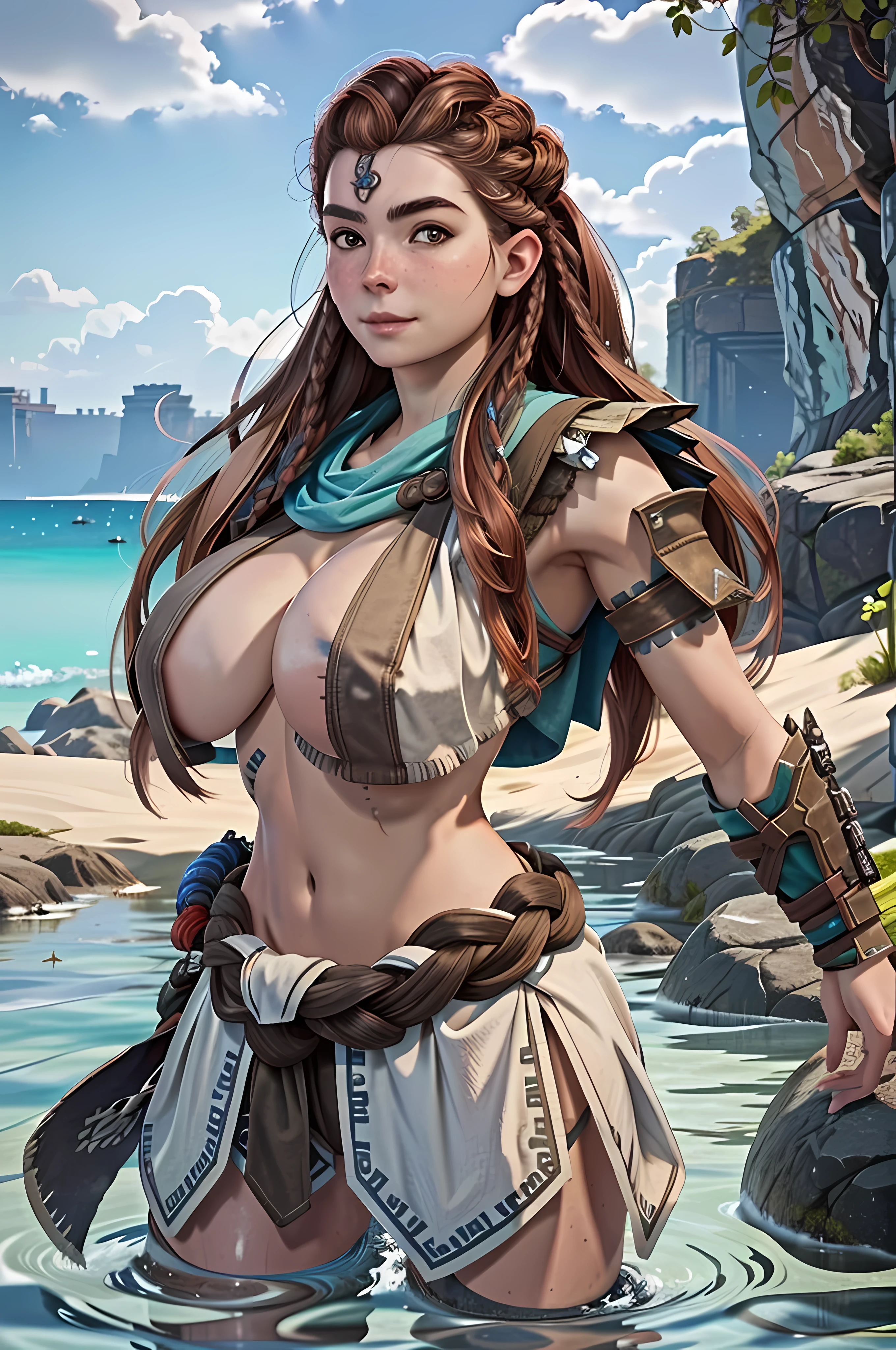 (masterpiece, best quality)
1girl, AloyHorizon, solo, long hair, smile, full body, brown hair, hair ornament, navel, brown eyes, weapon, braid, outdoors, parted lips, sky, day, midriff, sword, cloud, red hair, water, from behind, armor, blue sky, lips, looking to the side, tattoo, ocean, looking away, thick eyebrows, shoulder armor, sheath, rope, freckles, hand in own hair, rock, realistic, nose, dreadlocks, (huge breasts:1.5)
