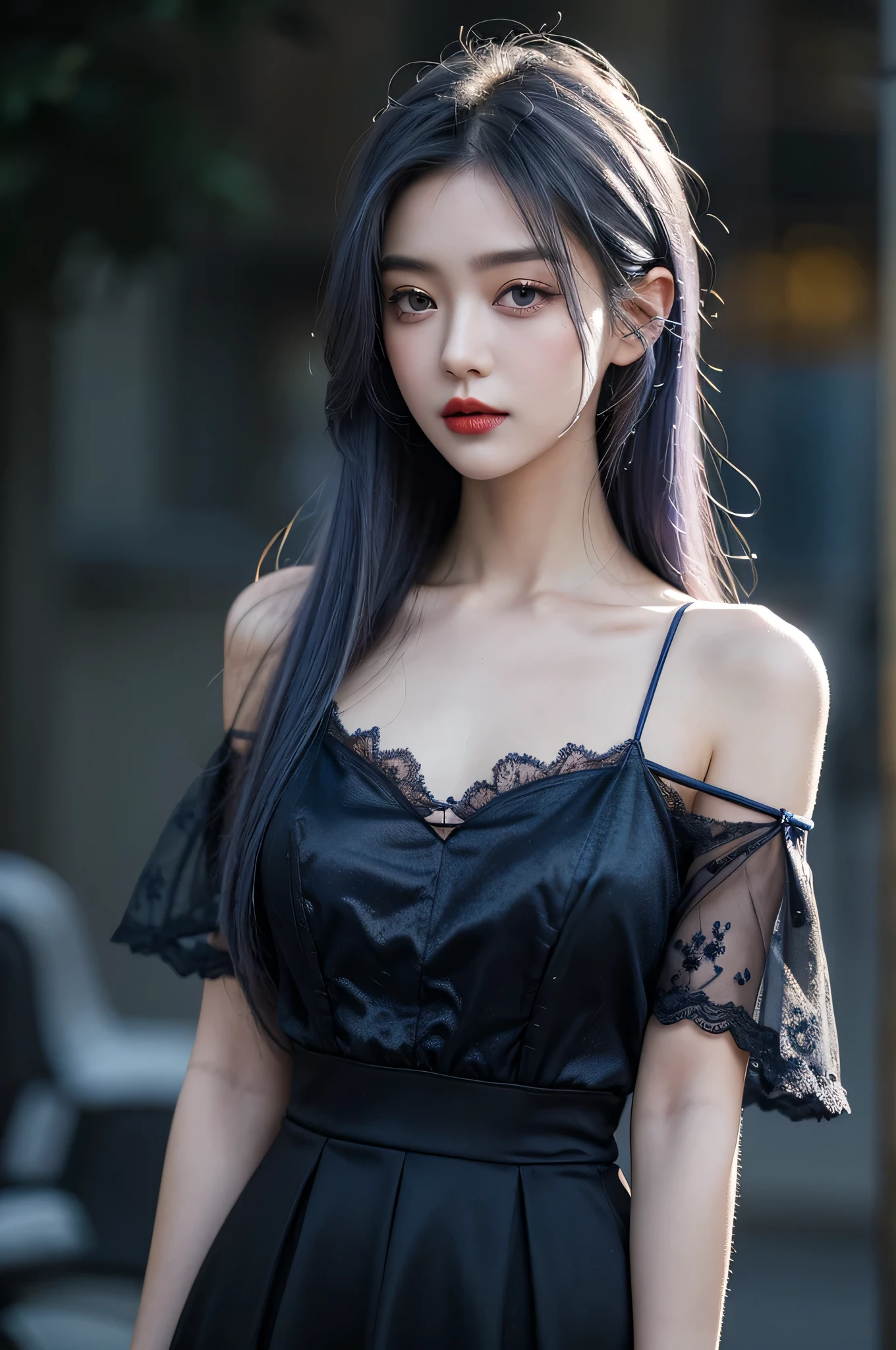 Face enhancement,Dark blue flowers ,Dark blue lace suspender skirt,Red lip glaze,Hairpin hanging down,The clothes are gorgeous and complicated,Complex and complicated background,blown up by the wind,Gradient hair,Silver hair,Purple Hair,Blue Hair,front Photo,Off-shoulder,8K,Sense of atmosphere,Stunning God Map,exquisite eyes,Beautiful face, looks,Moth to flame,