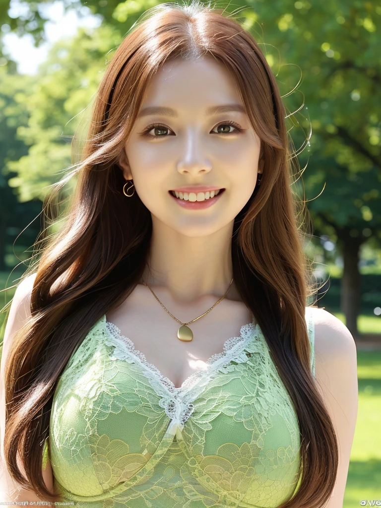 Realistic photos of Korean woman, White glass skin, Straight long red hair, Gold lace camisole vest, beautiful clear eyes,Green pupils, beautiful necklace and earringedium chest tight and Medium breasts, Delicate slender face,Bright and radiant smile, Lovely lips, thin makeup, Wearing tank top, pants, Standing in the park, close-up portrait, UHD