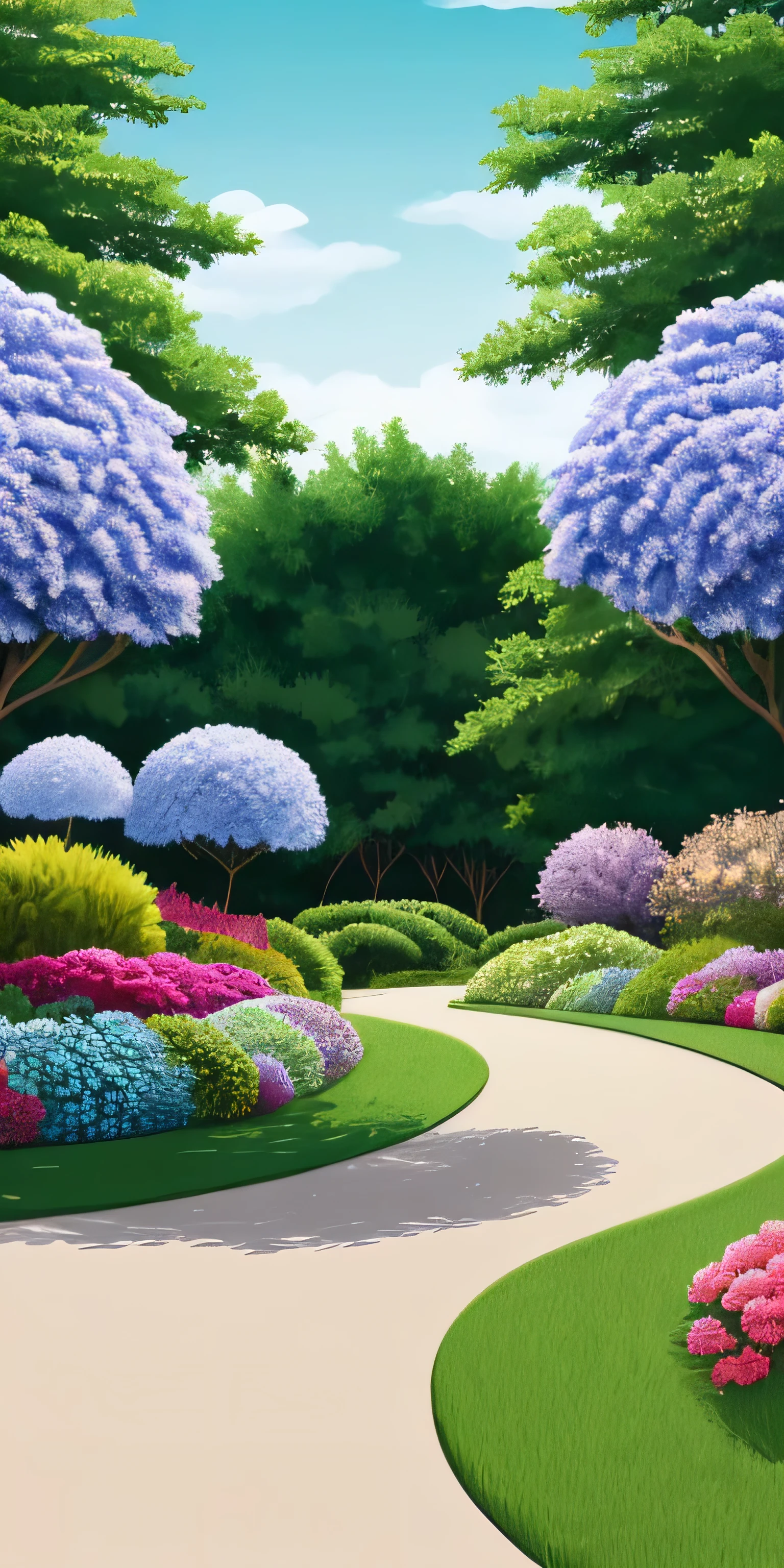 Flat Design, Flat Illustration, Vector illustration, Illustrations created with Adobe Illustrator, (A serene June landscape, Characterized by the abundant beauty of blooming hydrangeas. In the foreground, A path through a vibrant garden filled with colorful hydrangea flowers. The large colonies create a fascinating sight., grab the audience&#39;s attention. The garden is surrounded by lush greenery, Tall Tree々provides tranquility and shade.. In the distance, The rolling hills stretch out to the horizon, Create an atmosphere of peace and serenity.) beautiful, Smooth lines and sharp shapes. Simple design and minimalist style, Present elements effectively while eliminating unnecessary details, Bright and vibrant colors, Avoid gradients and shadows, Prefer uniform color fills and flat tones, Vector lines and shapes are smooth and crisp,