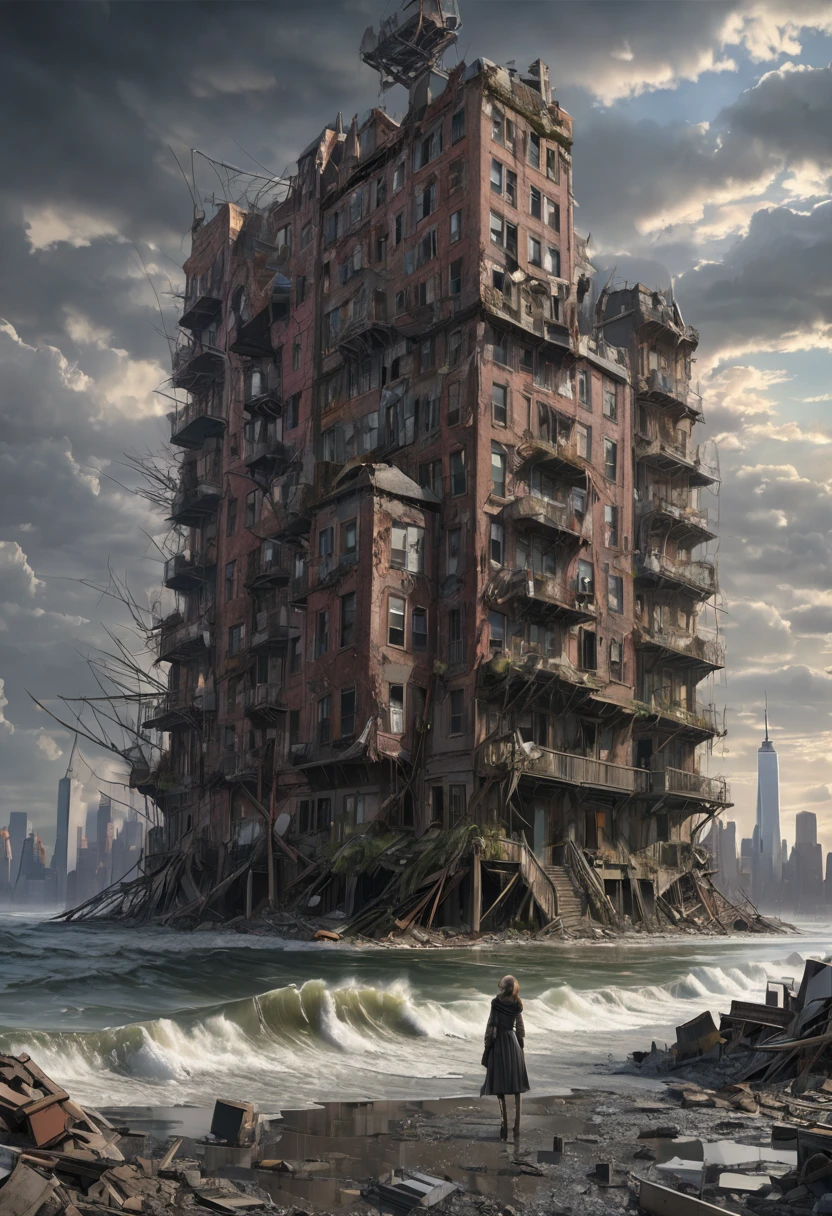 1girl, Post-Apocalyptic Wasteland, Apocalyptic destroyed Manhattan Island and New York, after a tidal wave, Epic cinematic brilliant stunning intricate meticulously detailed dramatic atmospheric maximalist digital matte painting, horror Gustave Doré Greg Rutkowski
