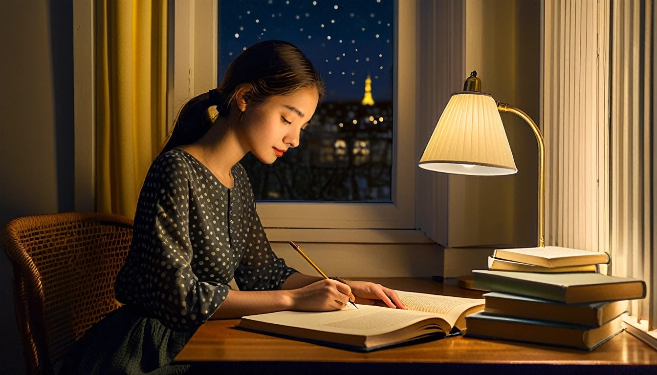 A girl, sitting in a cozy corner with a stack of books or documents before her, immerses herself in focused study. The soft, yellow glow of a desk lamp casts a gentle feeling of tranquility and peace around her, contrasting the quiet stillness of the night outside the window. In a side view, the girl's elegant posture showcases her grace and beauty, her serene expression hinting at the depth of her concentration. With a gentle glance downwards, her dark, curious eyes scan the pages intently, her delicate fingers tracing the faded lines of the text. The night's quiet and stillness continues outside, the gentle blur of cars and lights in the background adding to the scene'