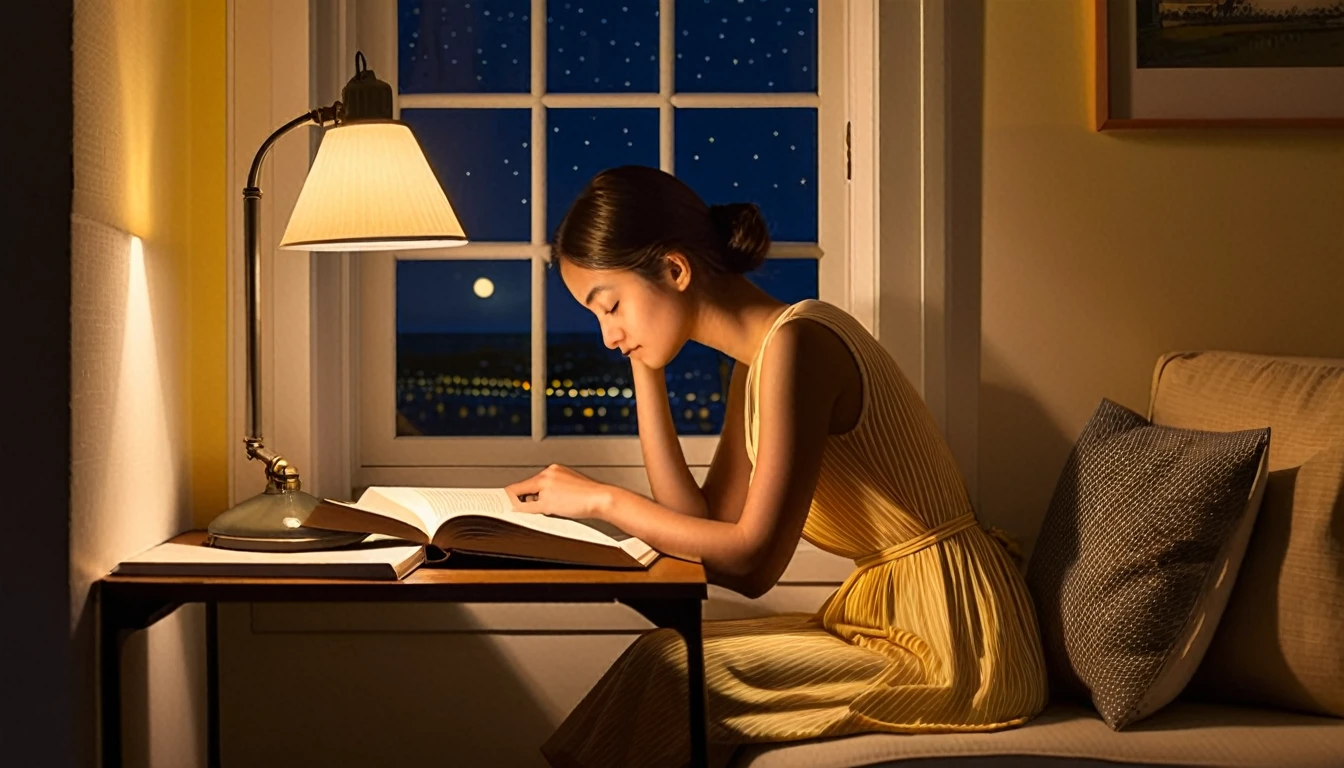 A girl, sitting in a cozy corner with a stack of books or documents before her, immerses herself in focused study. The soft, yellow glow of a desk lamp casts a gentle feeling of tranquility and peace around her, contrasting the quiet stillness of the night outside the window. In a side view, the girl's elegant posture showcases her grace and beauty, her serene expression hinting at the depth of her concentration. With a gentle glance downwards, her dark, curious eyes scan the pages intently, her delicate fingers tracing the faded lines of the text. The night's quiet and stillness continues outside, the gentle blur of cars and lights in the background adding to the scene'