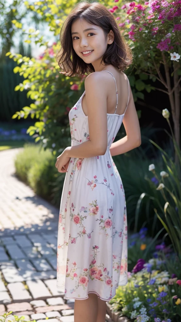 masterpiece, highest quality, disorganized, perfect anatomy, 1 girl, alone, pascal tales, short hair, beautiful, Hilarious, sunny day, botanical garden, Summer winds, sundress, Floral, wavy hair, smile