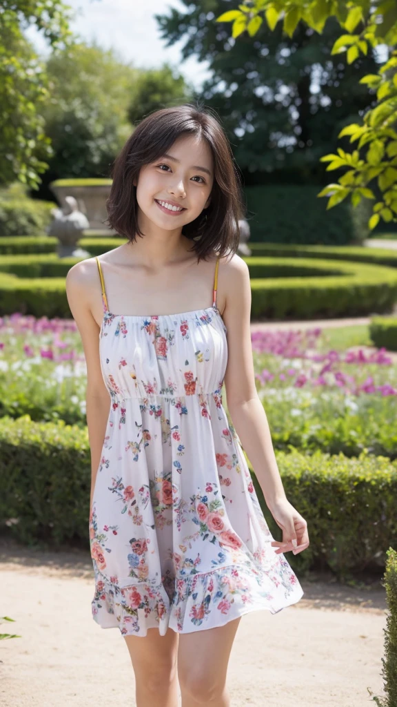 masterpiece, highest quality, disorganized, perfect anatomy, 1 girl, alone, pascal tales, short hair, beautiful, Hilarious, sunny day, botanical garden, Summer winds, sundress, Floral, wavy hair, smile