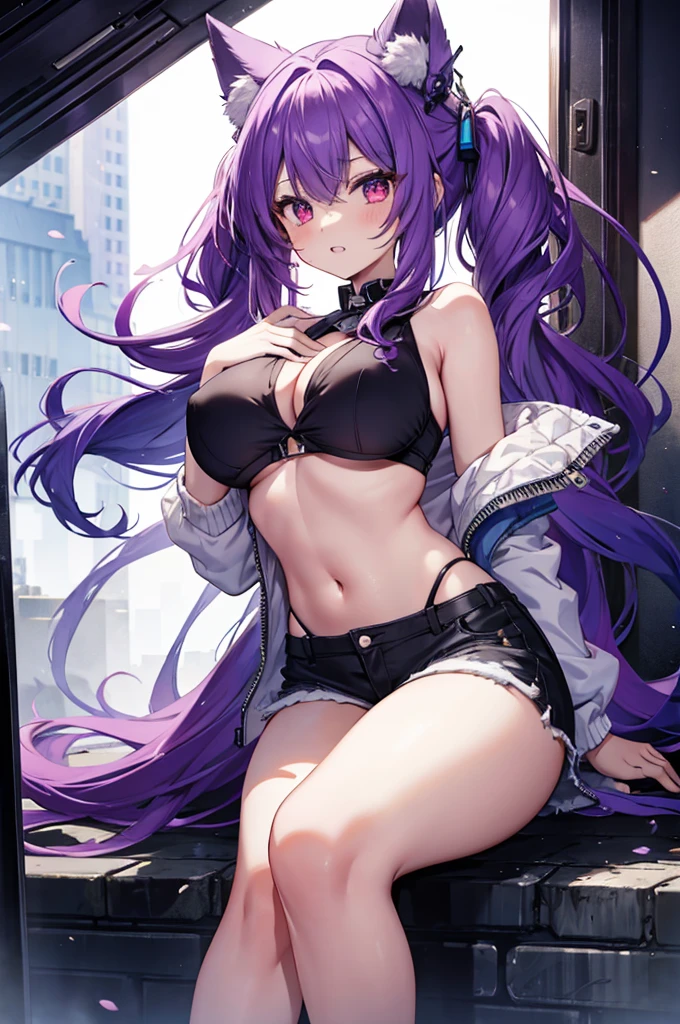 Fox Girl, Large Breasts, Voluminous purple hair, masterpiece , Red eyes, hd, Thick thighs, Head to Chest, buried in my chest、Underboob、Double teeth、tooth、Sleeveless shirt、Shorts