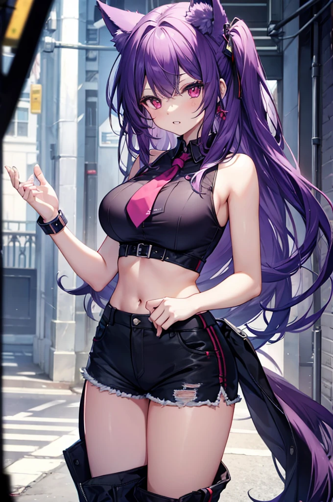 (masterpiece:1.37), best quality, (extremely detailed:1.37), woman, (mature:1.5), (adult:1.5), large breasts, very long hair, (straight hair:1.5), dark purple hair, purple eyes, (extremely detailed eyes:1.37), crop top, cleavage, navel, (groin:1.5), jeans, desperation, (wetting self:1.5), standing, embarrassed, humiliation, blushing, angry, city, futuristic, neon lighting, high-tech, street