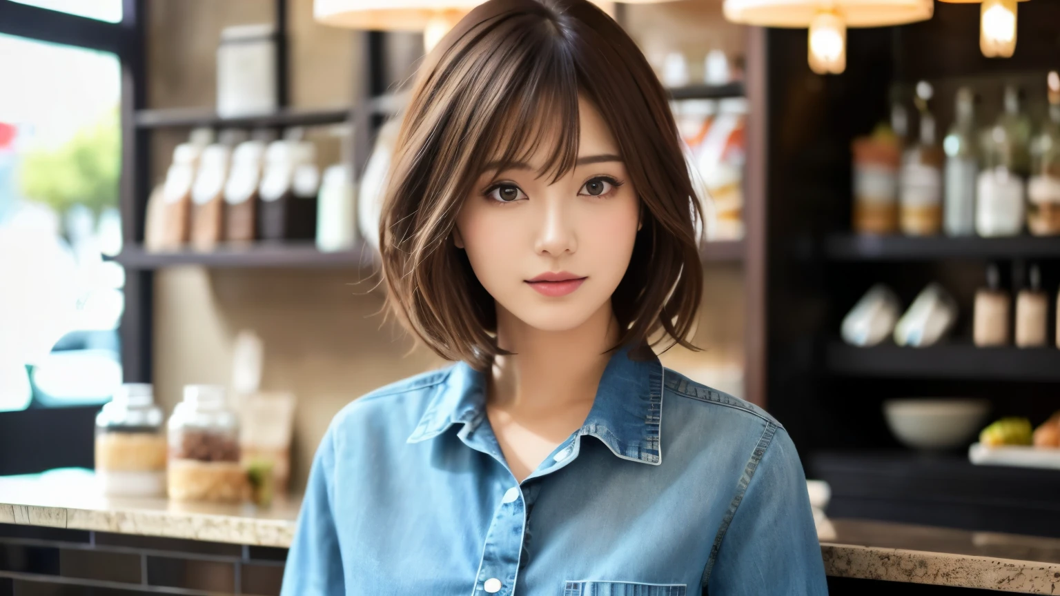 super high quality, Fashion Model, Short Hair, Slender, The staff is working at the counter in the back., (8k、RAW Photos、highest quality、masterpiece:1.2), Japanese Idol, Serious expression, Shaggy, brown hair, Stylish café, Fashion magazine shooting, (Realistic、Photorealistic:1.37), Beautiful Face , Mesh Hair, Normal chest, Urban Cafe, Golden Ratio, A gentle gaze, Spring Clothes, Beautiful hairstyle, Neat clothes, Denim shirt, 
